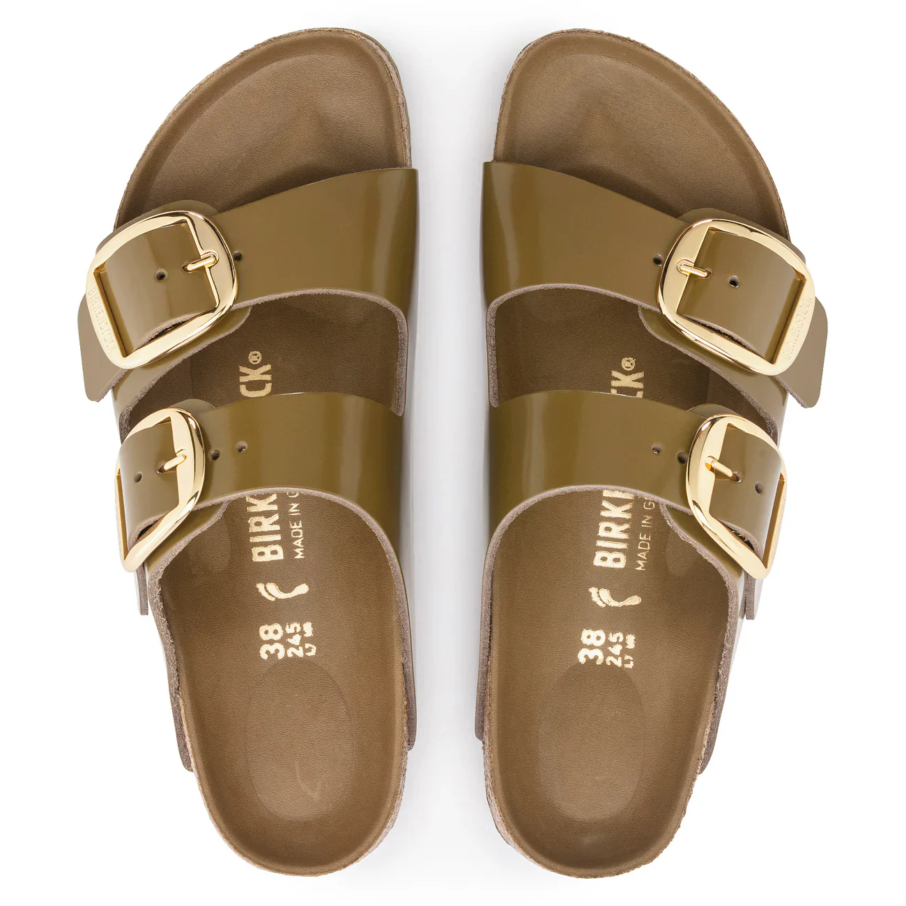 Birkenstock Unisex Arizona Big Buckle Natural Leather Patent High Shine Mud Green - Image 2