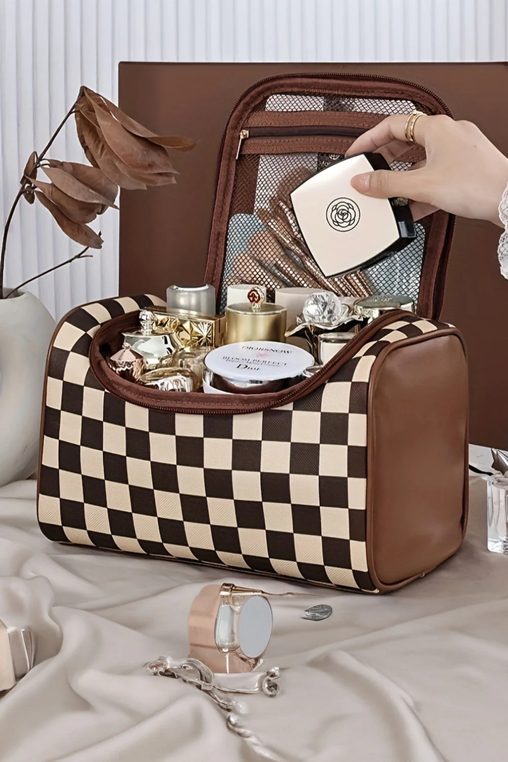 Black Checkered Zipper Makeup Bags by Threaded Pear - Image 8