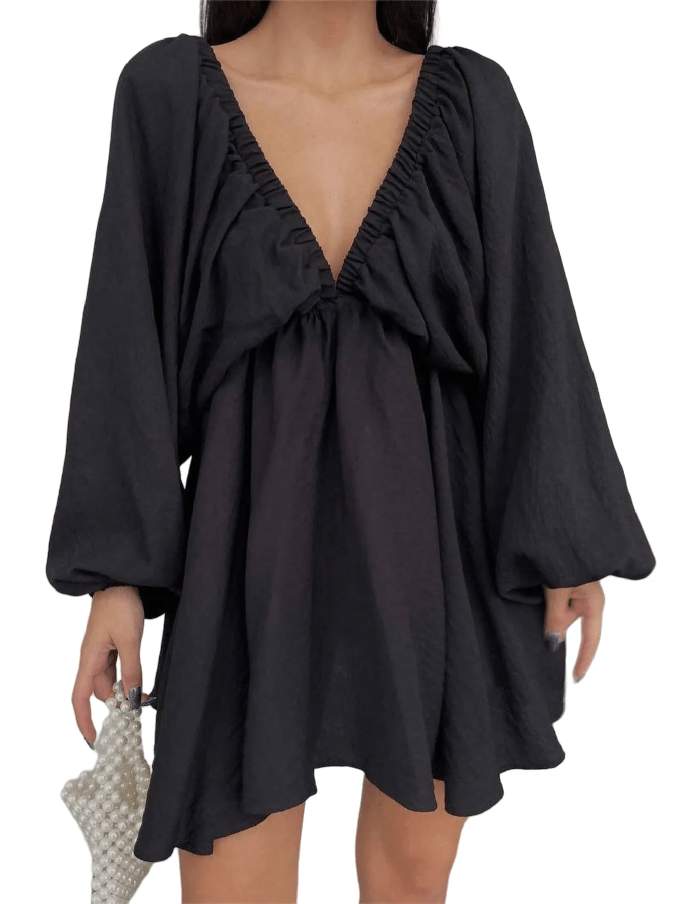Chic YC Women Bohemian Puff Sleeve Mini Dress Deep V Neck Backless Flowy Swing Dress - Image 8