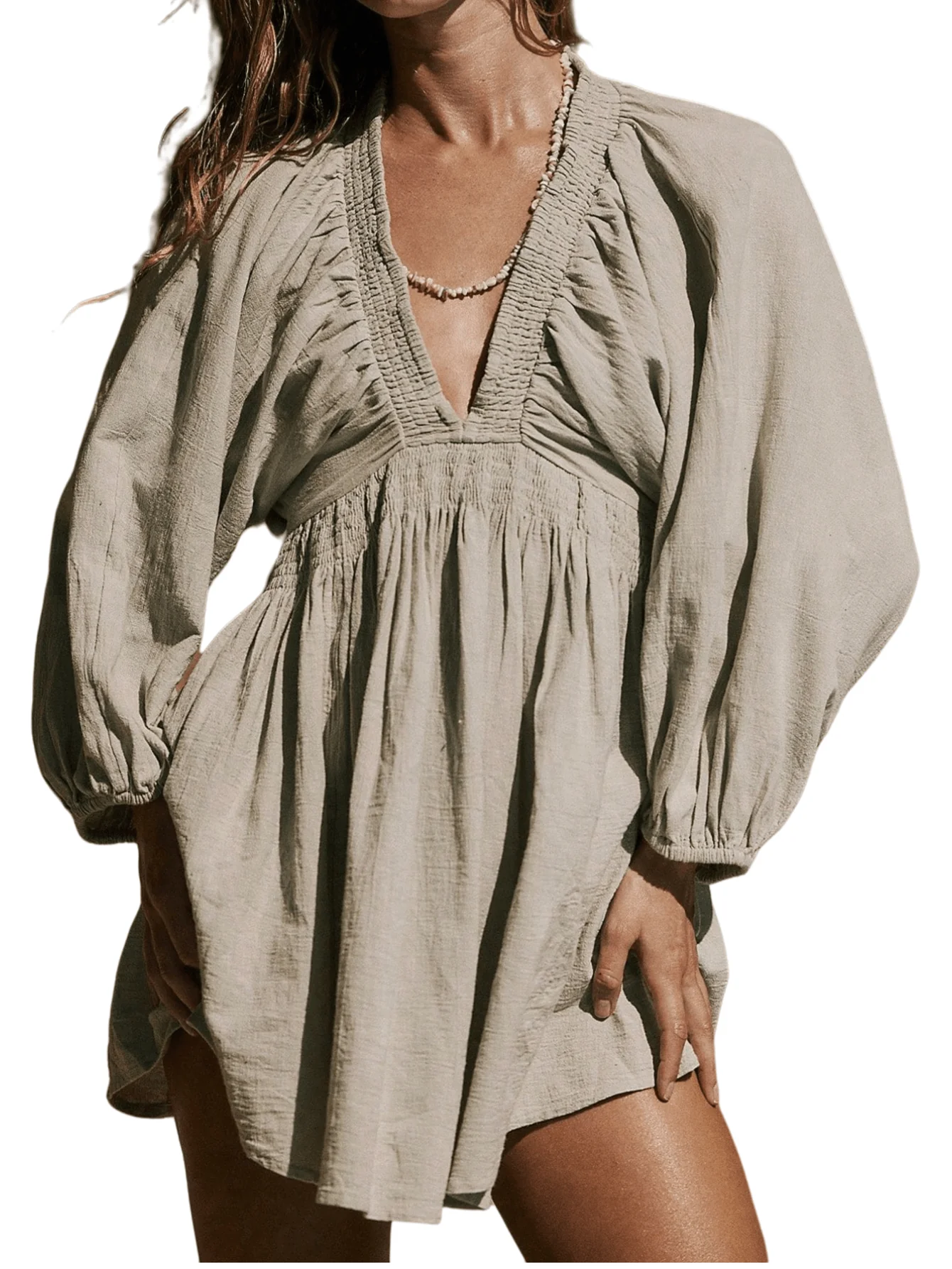 Chic YC Women' V-Neck Ruched Babydoll Dress Spring Summer Casual Flowy Long-Sleeve Mini Dress - Image 3