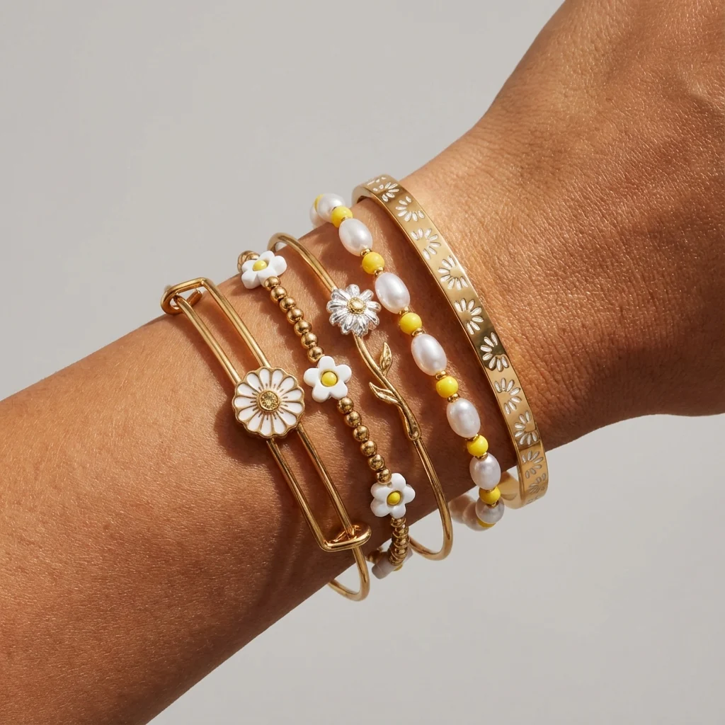 Daisy Flower Beaded Bangle Set of 5 - Image 2