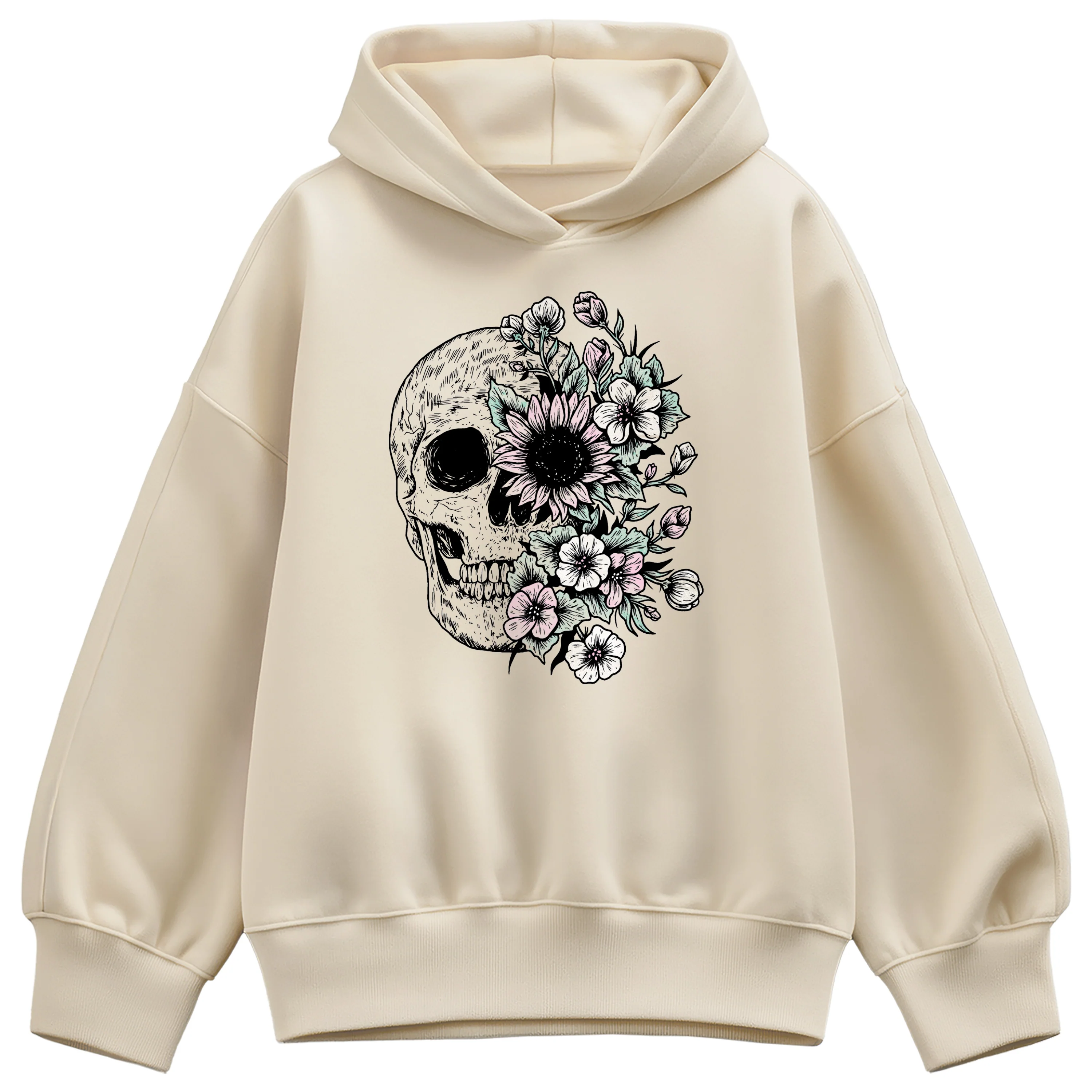 Instant Message - Half Skull Half Flowers - Women's Oversized Fleece Hoodie Sweatshirt