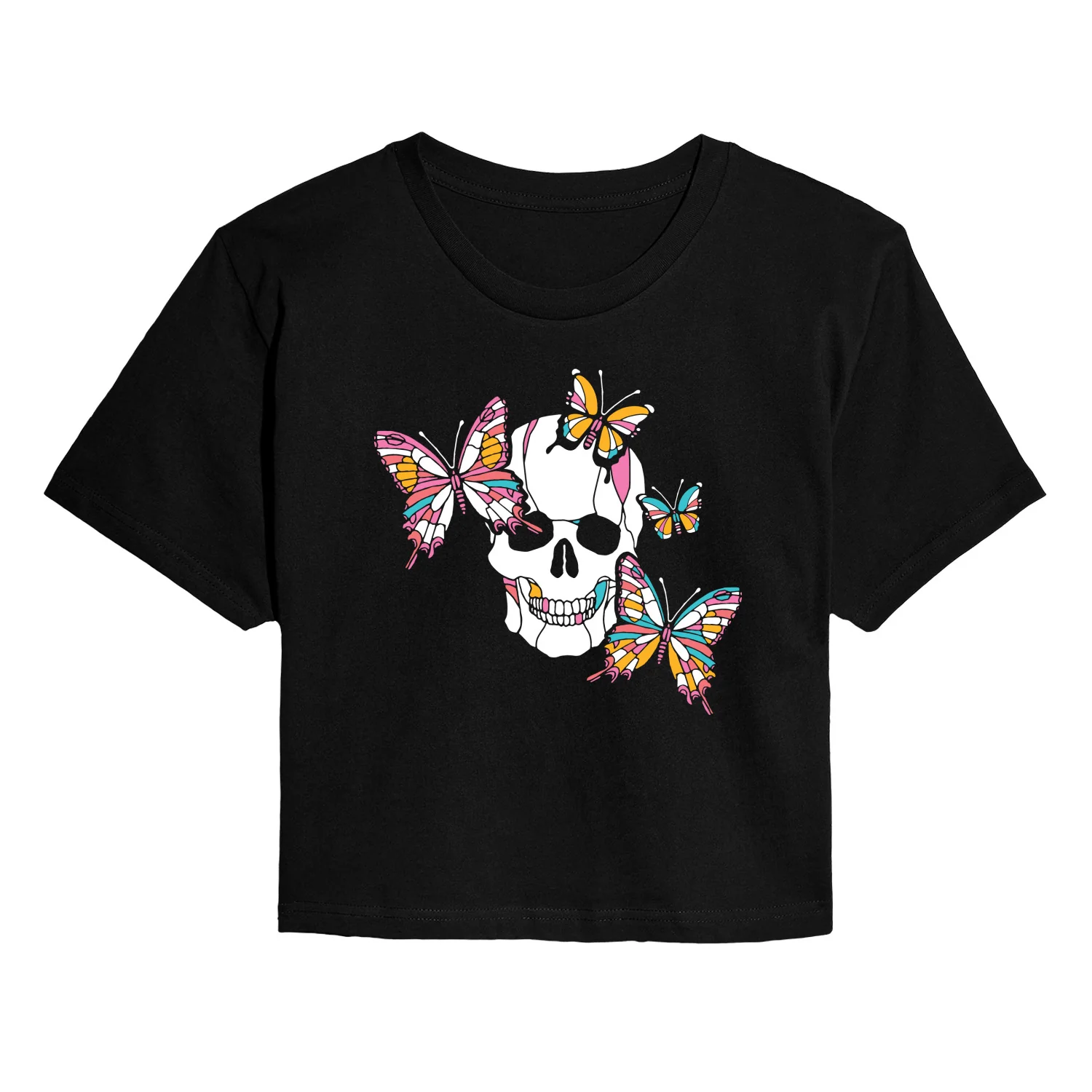 Instant Message - Butterfly Skull - Juniors Cropped Graphic T-Shirt