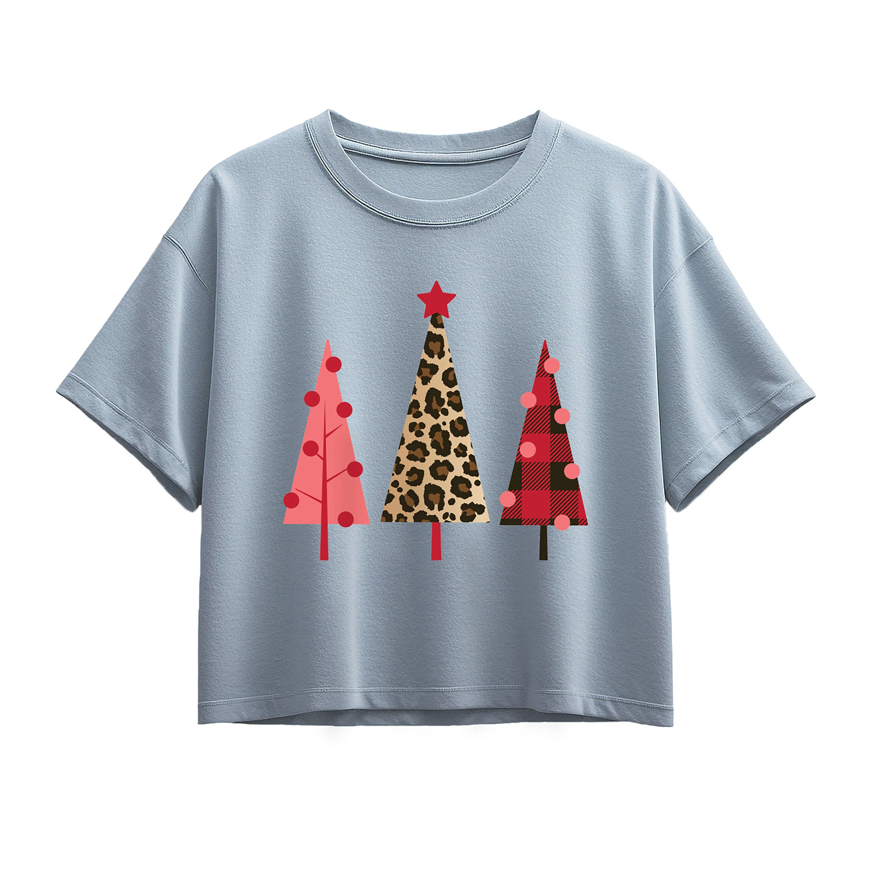 Instant Message - Leopard Print Christmas Trees - Youth Girl Short Sleeve Boxy Tee - Image 2