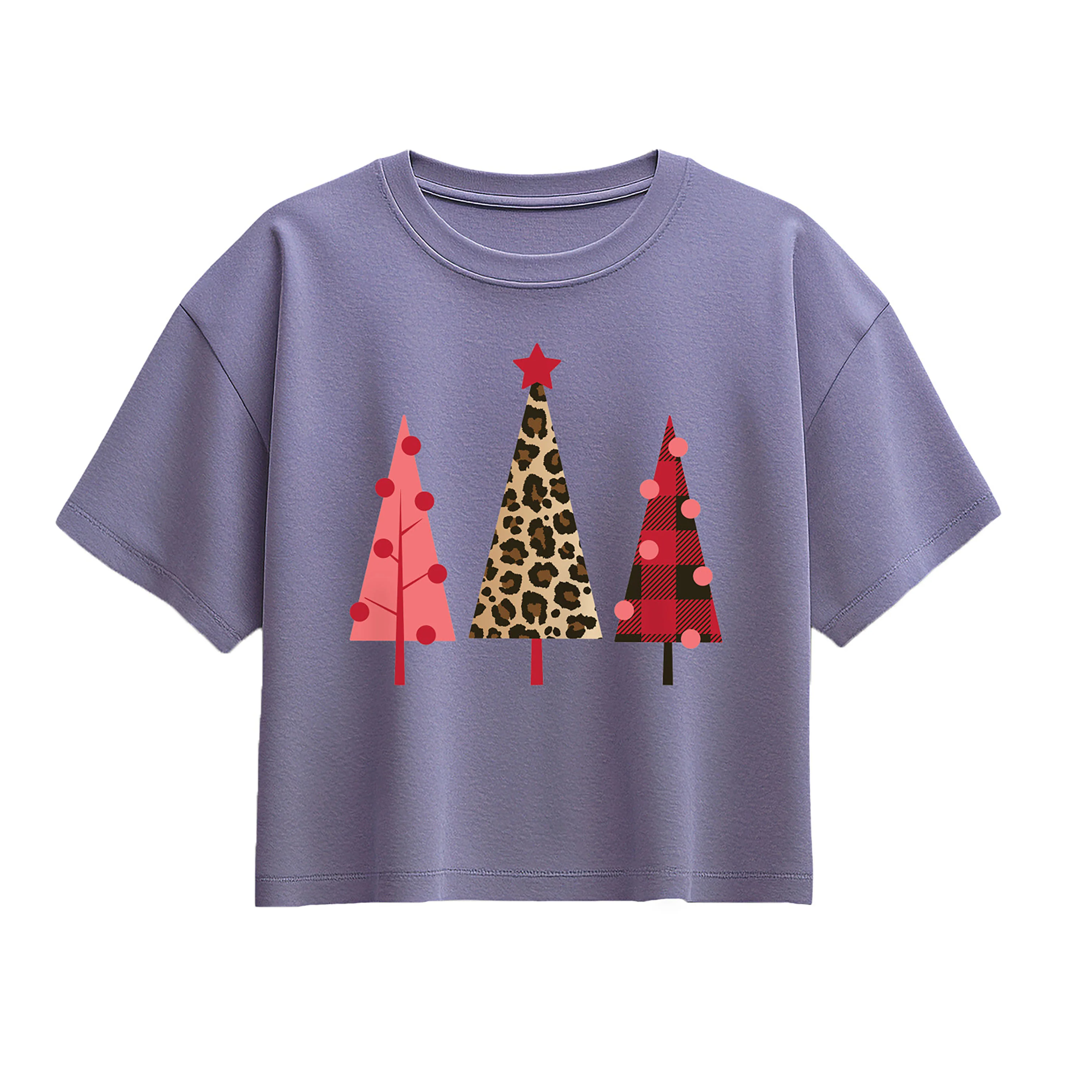 Instant Message - Leopard Print Christmas Trees - Youth Girl Short Sleeve Boxy Tee - Image 4