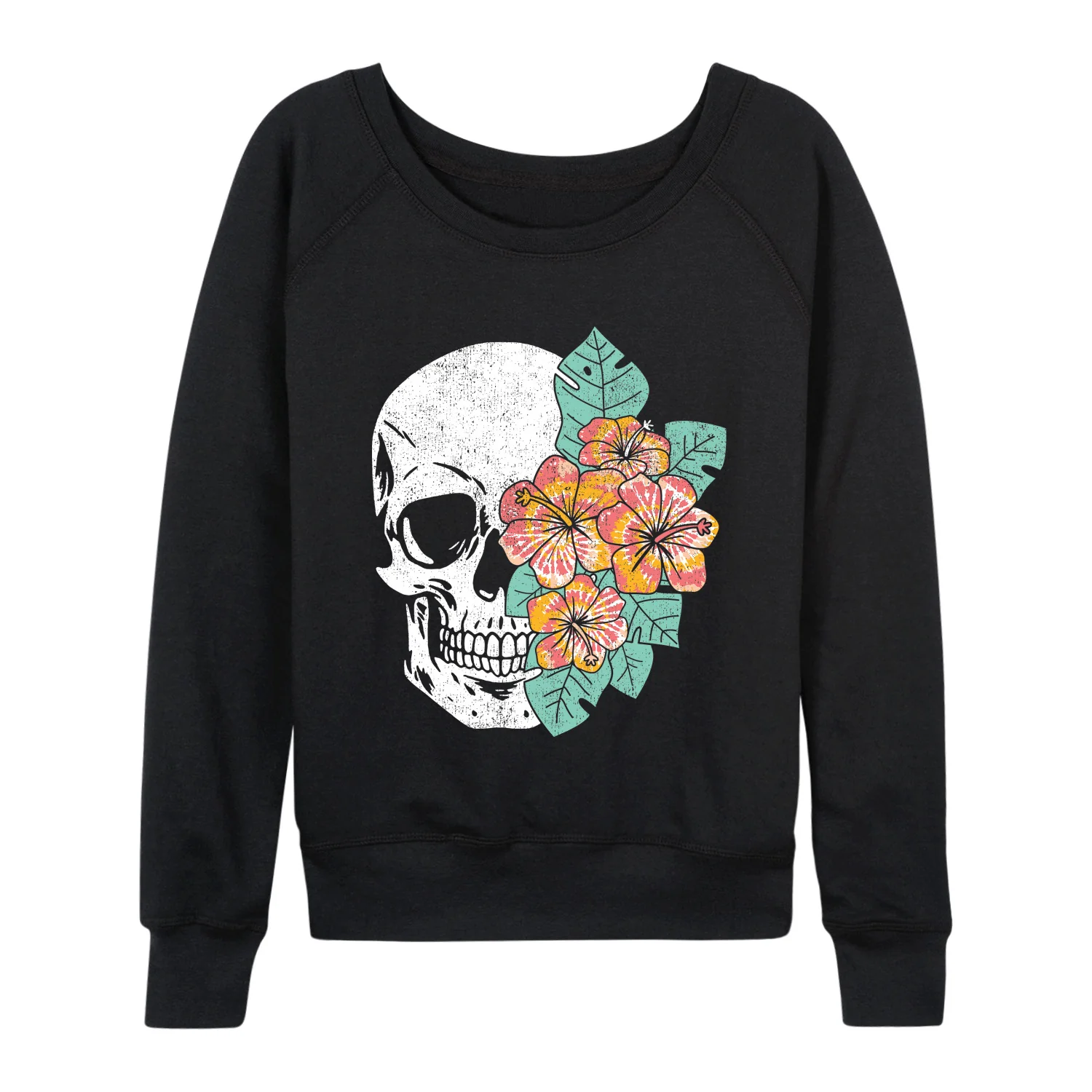 Instant Message - Tie Dye Hibiscus Skull - Women's French Terry Long Sleeve Pullover - Image 2