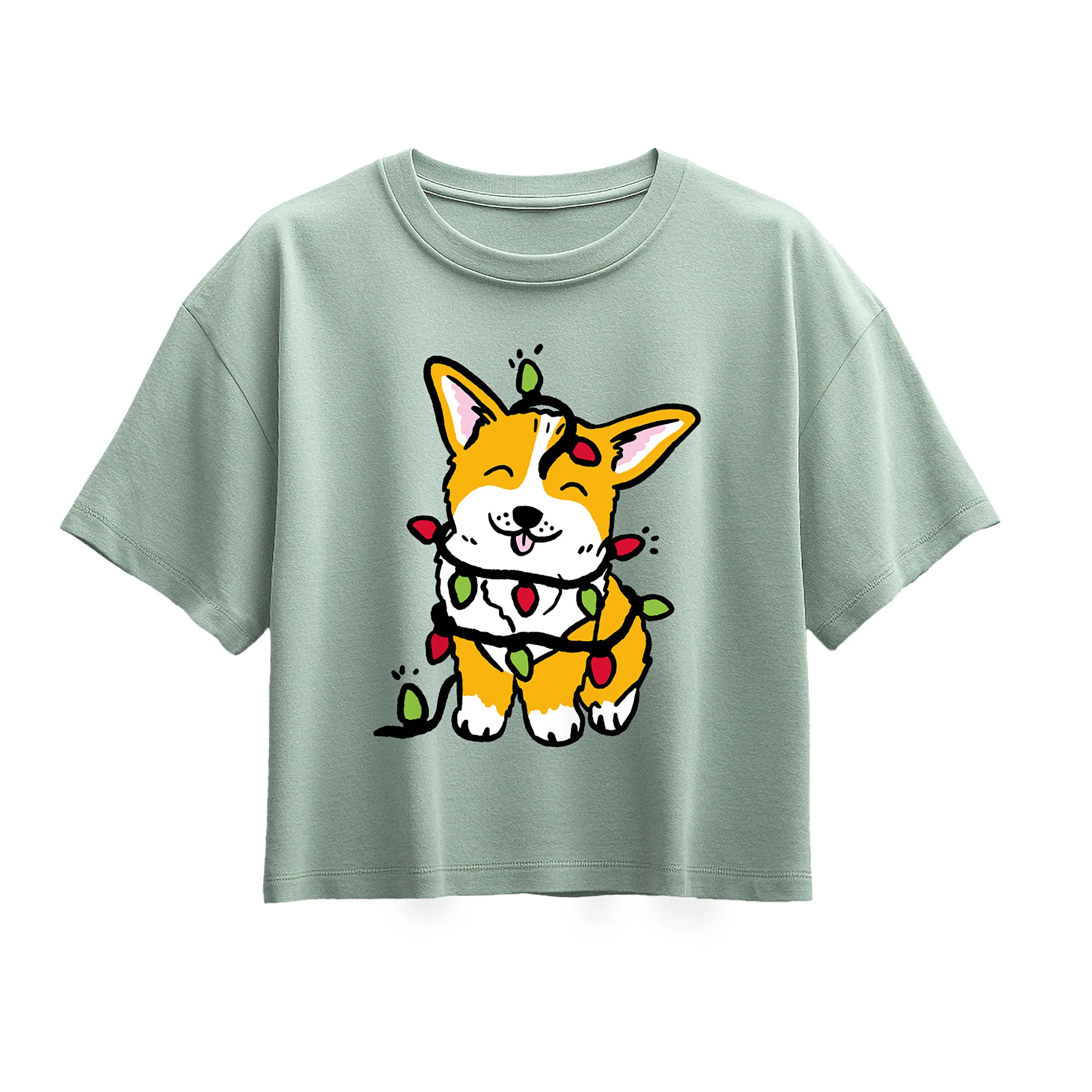 Instant Message - Corgi Wrapped In Christmas Lights - Youth Girl Short Sleeve Boxy Tee - Image 4