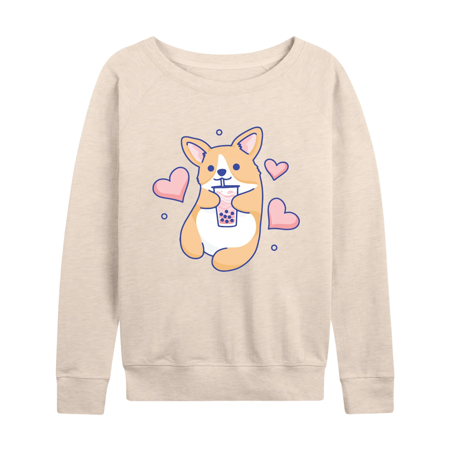Instant Message - Kawaii - Corgi, Hearts, & Boba Tea - Women's Lightweight French Terry Long Sleeve Shirt