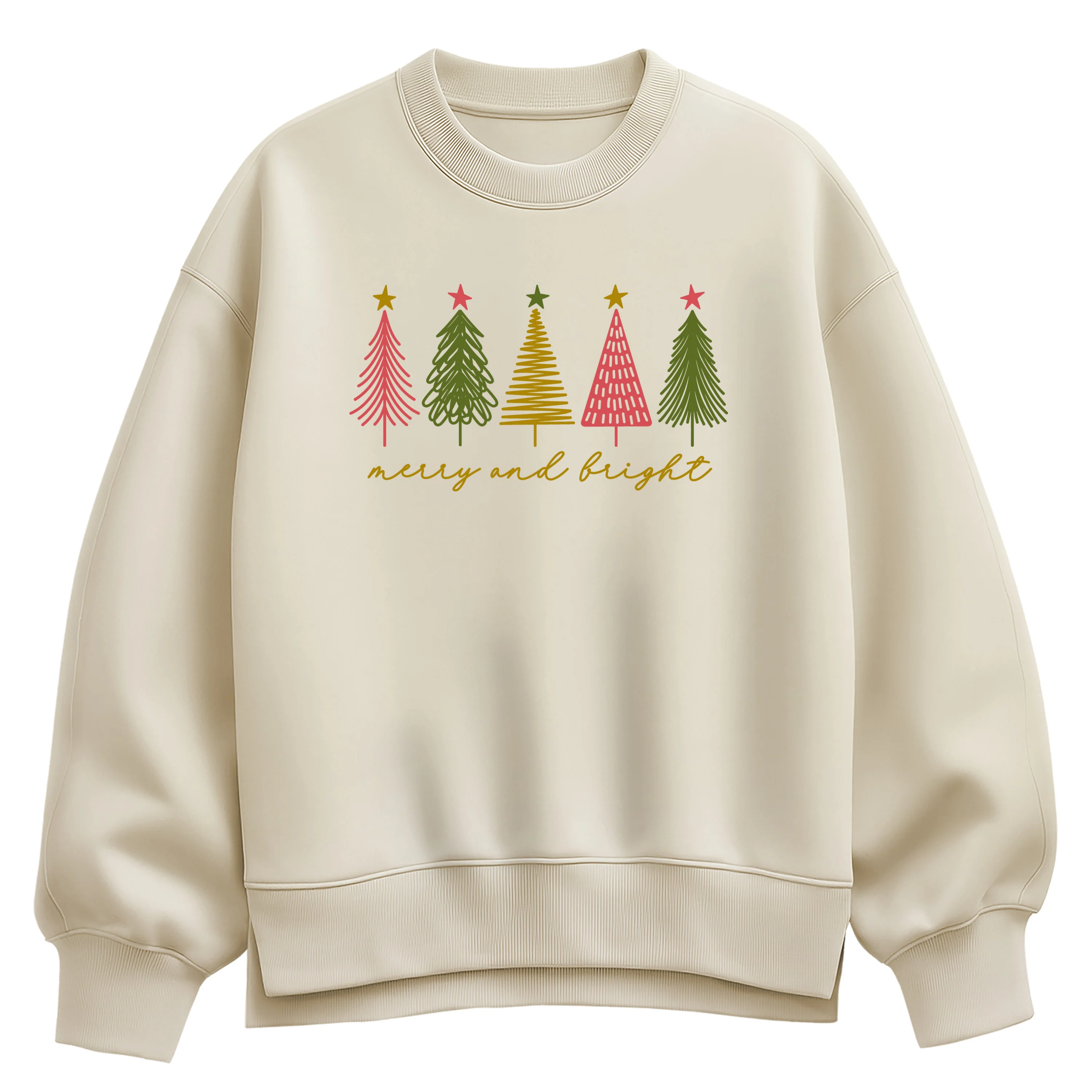 Instant Message - Merry And Bright Christmas Trees - Ladies Oversized Fleece Crew Sweatshirt - Image 2