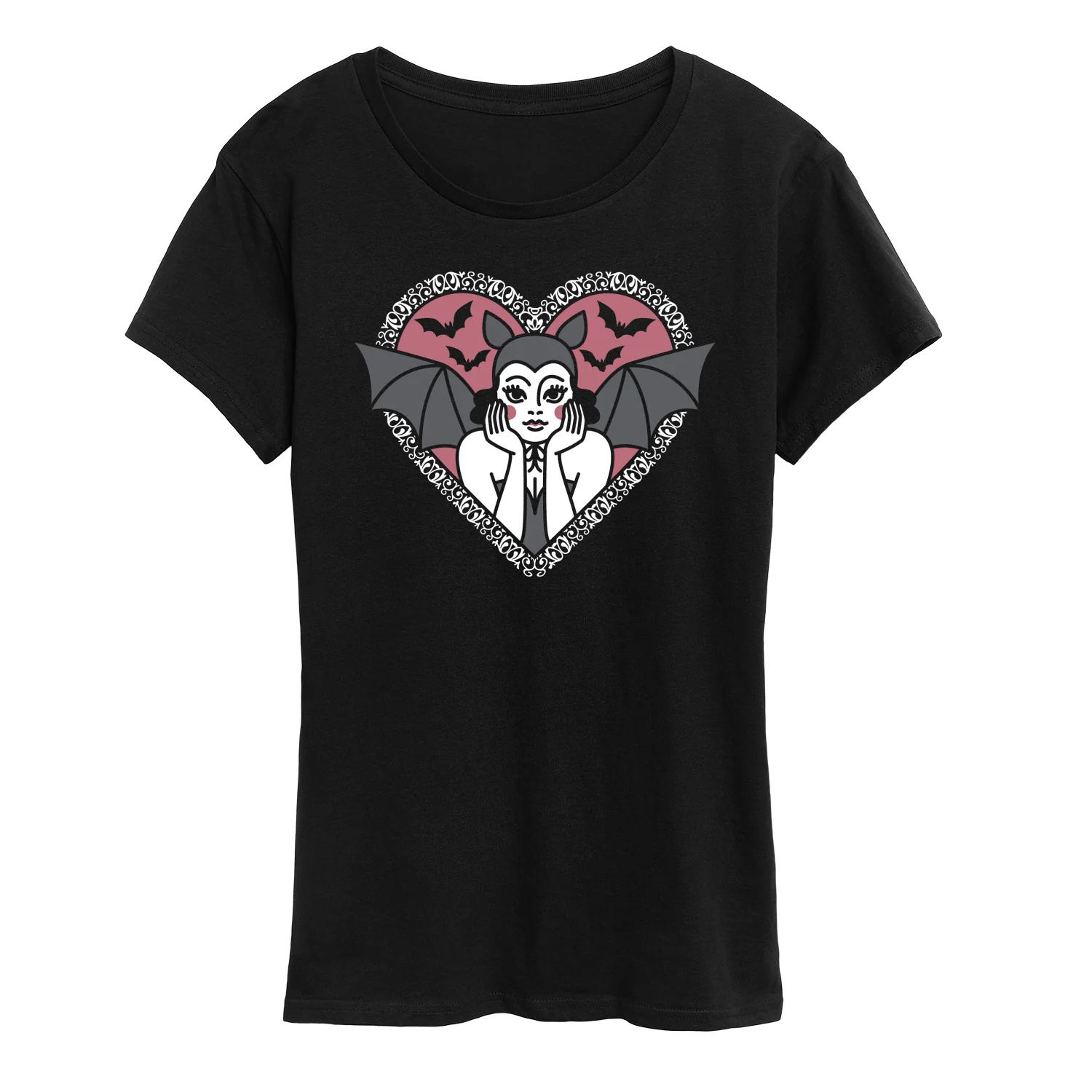 Instant Message - Bat Pinup - Coquette Halloween - Womens Short Sleeve Graphic T-Shirt