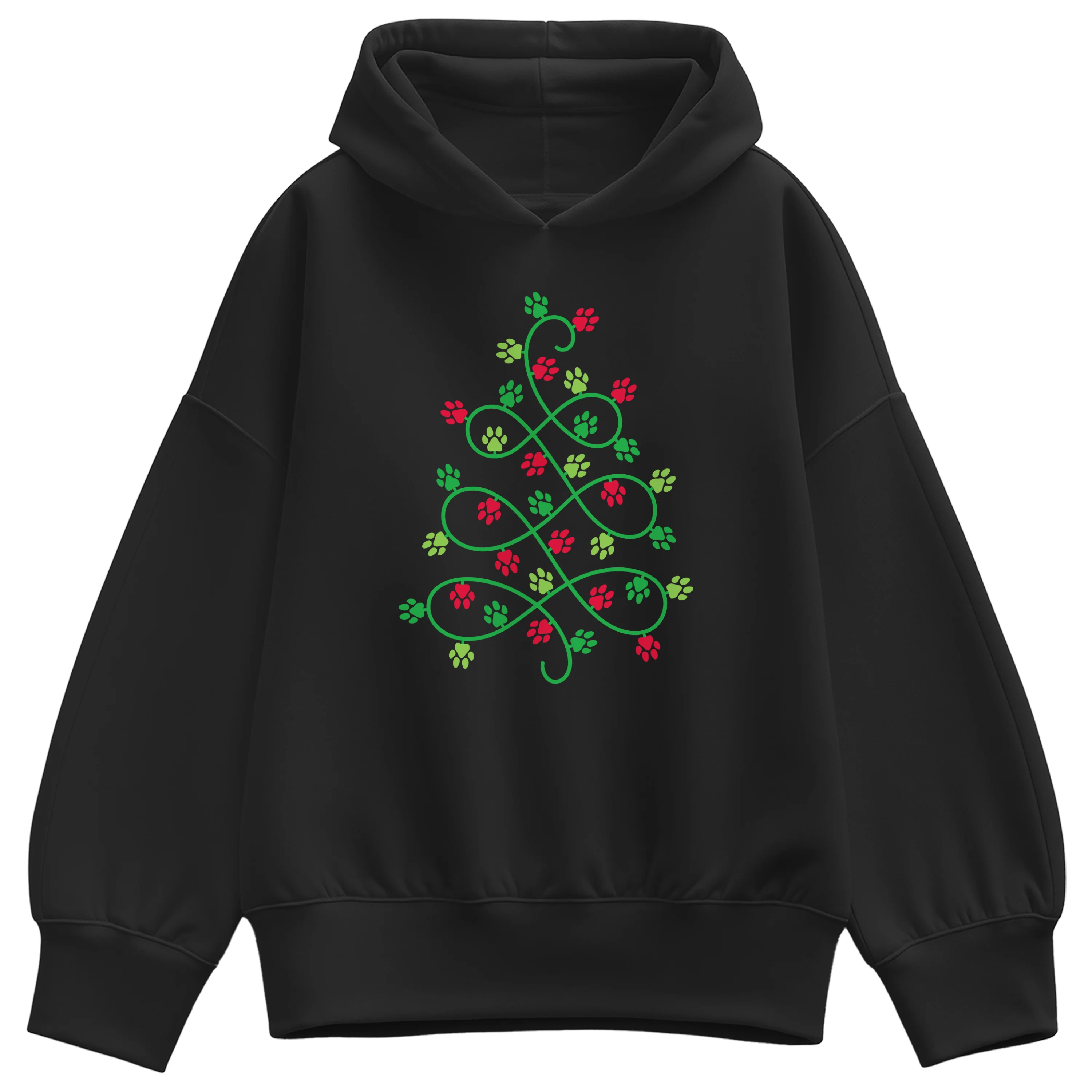 Instant Message - Paw Print Christmas Tree - Ladies Oversized Fleece Hoodie Sweatshirt