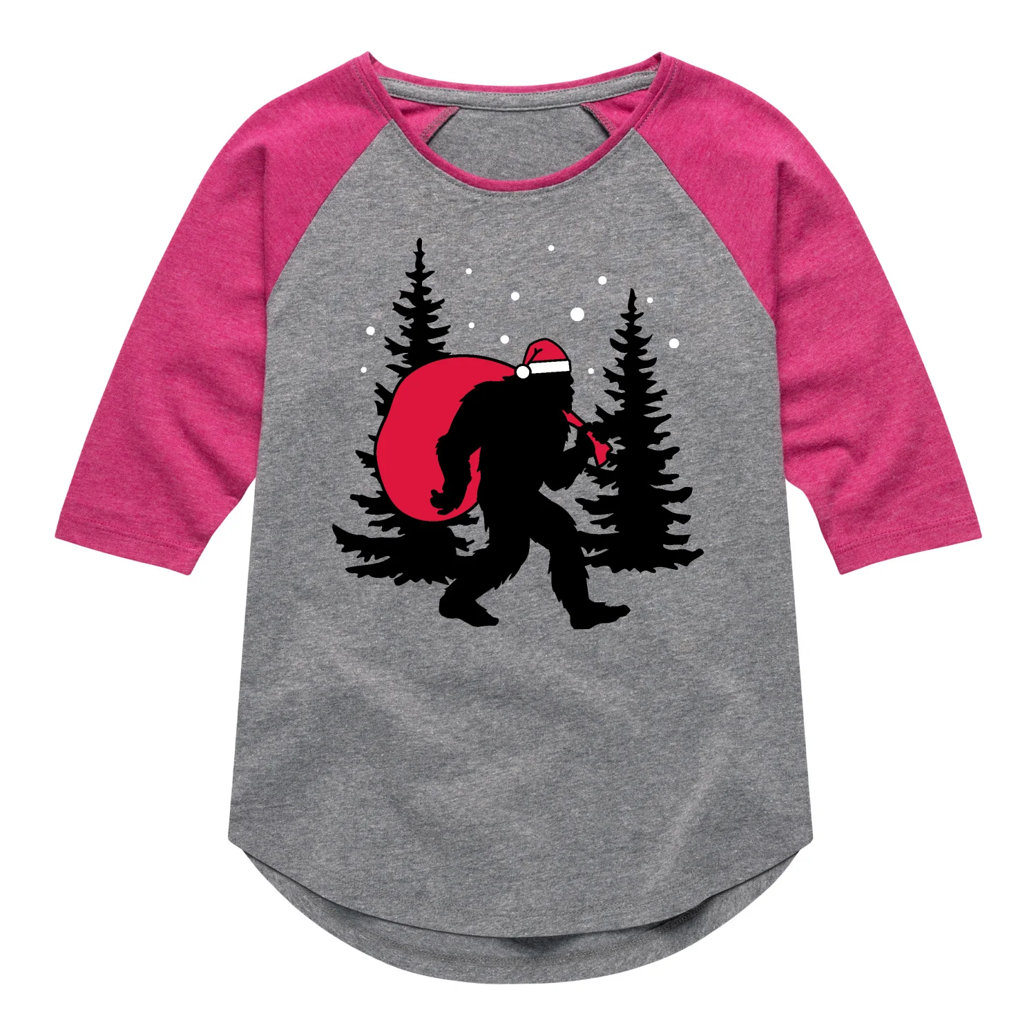 Instant Message - Sasquatch Santa - Youth Girls Shirt Tail Raglan T-shirt
