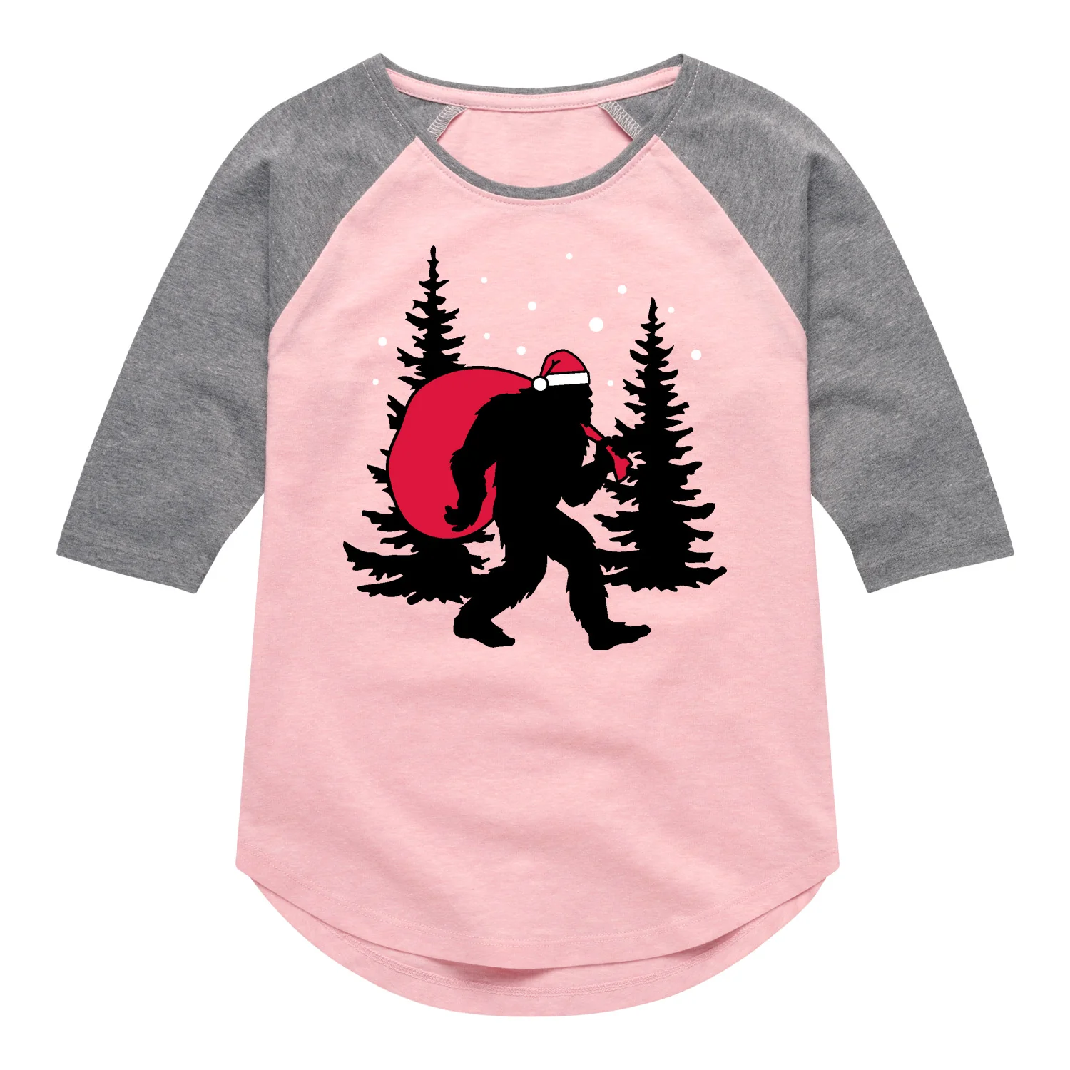 Instant Message - Sasquatch Santa - Youth Girls Shirt Tail Raglan T-shirt - Image 2
