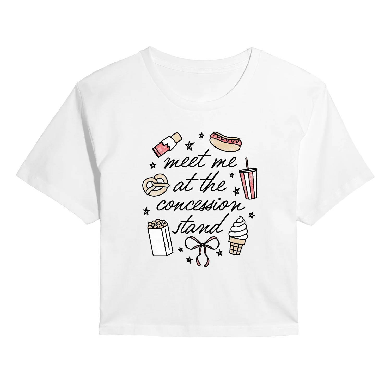 Instant Message - Meet Me Concession Stand - Juniors Cropped Short Sleeve Graphic T-Shirt