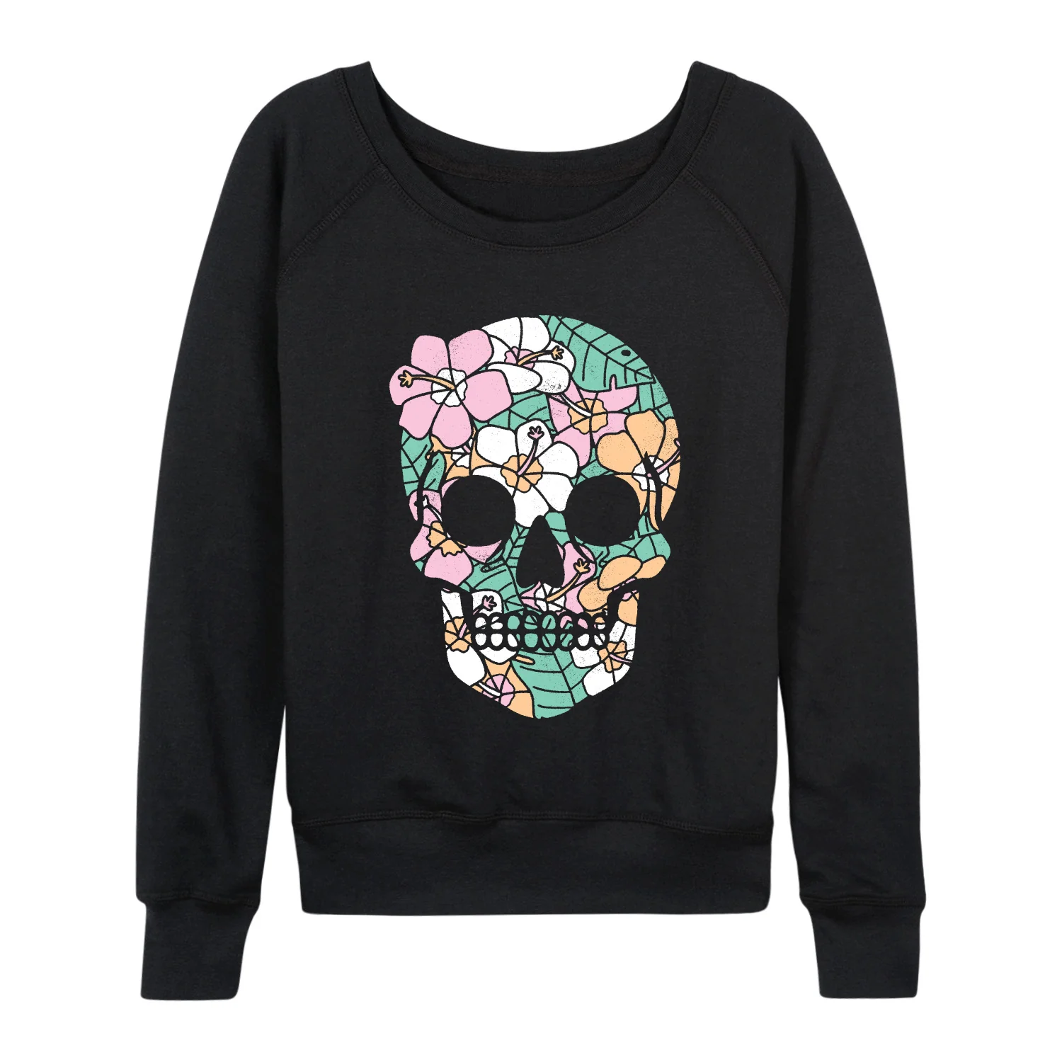 Instant Message - Tropical Floral Skull - Women's French Terry Long Sleeve Pullover - Image 2
