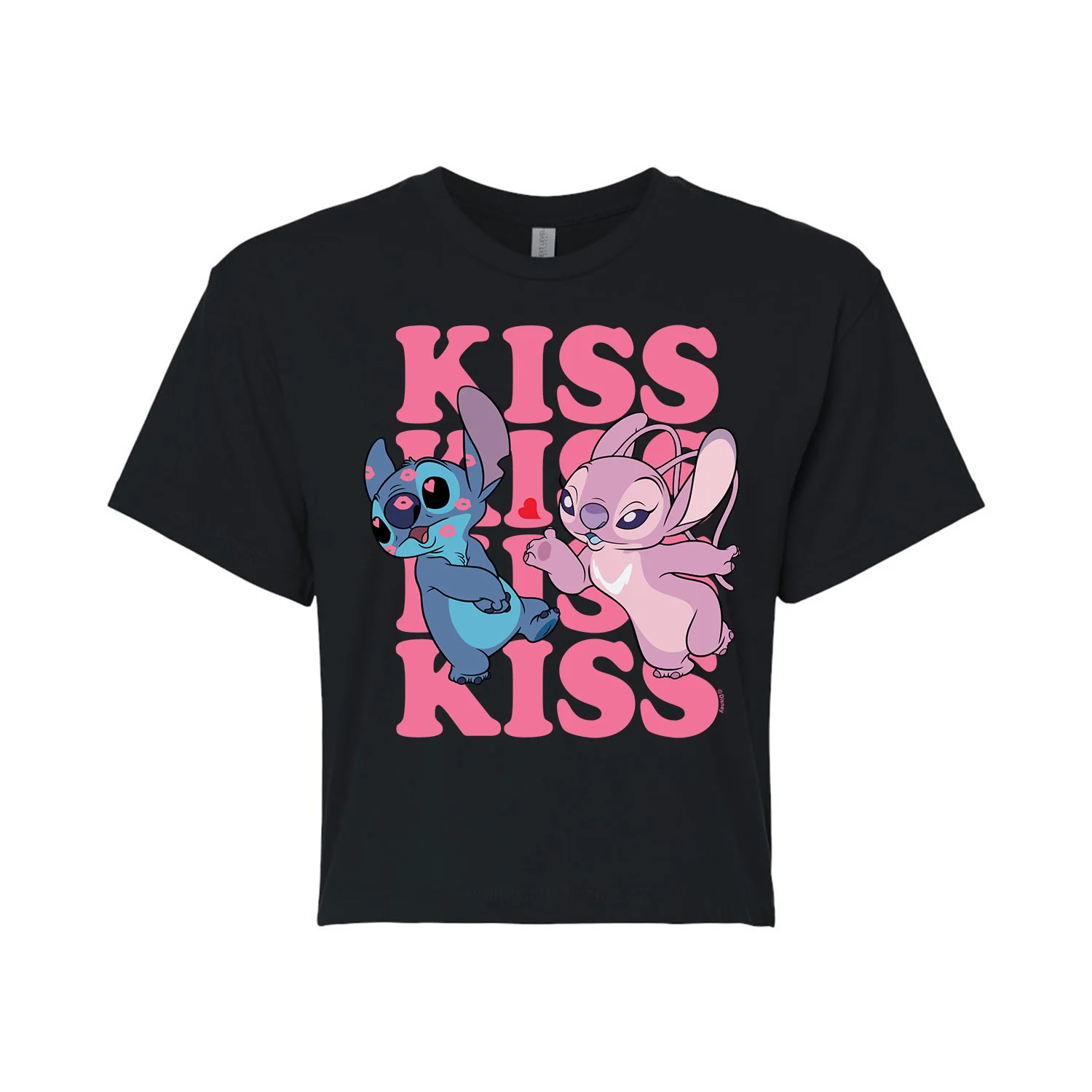 Lilo & Stitch - Valentine's Day Stitch Kiss Repeated - Juniors Cropped Cotton Blend T-Shirt