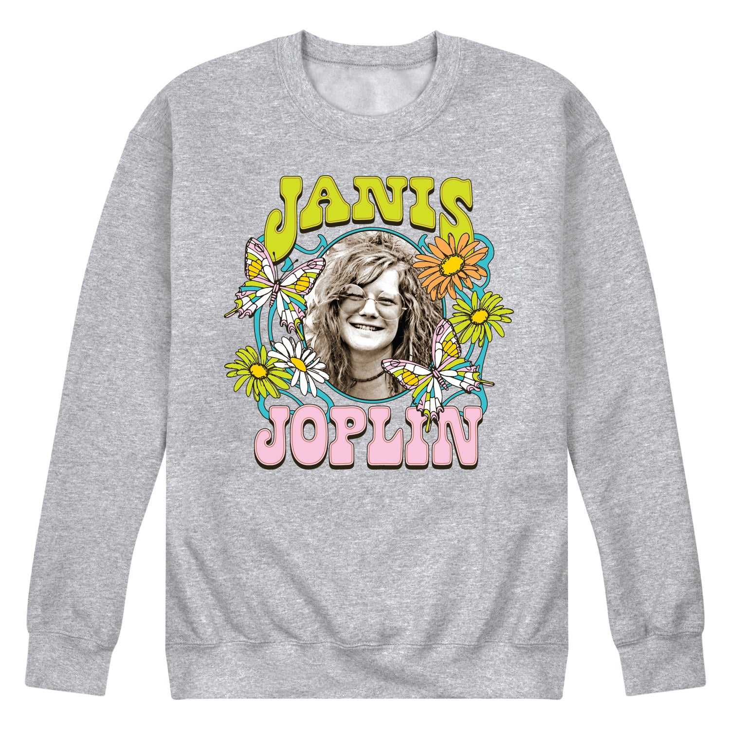 Janis Joplin - Butterfly And Flowers - Men's Crew Neck Fleece Pullover