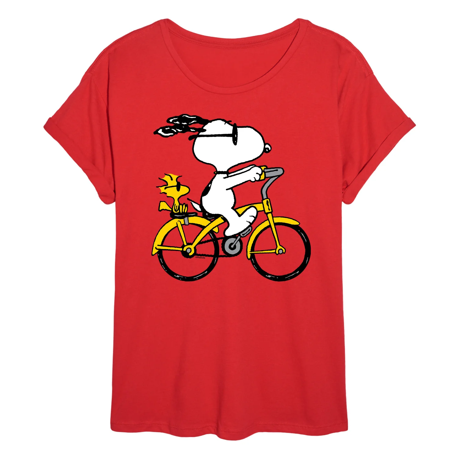 Peanuts - Snoopy and Woodstock Riding Bike - Juniors Oversized Graphic T-Shirt
