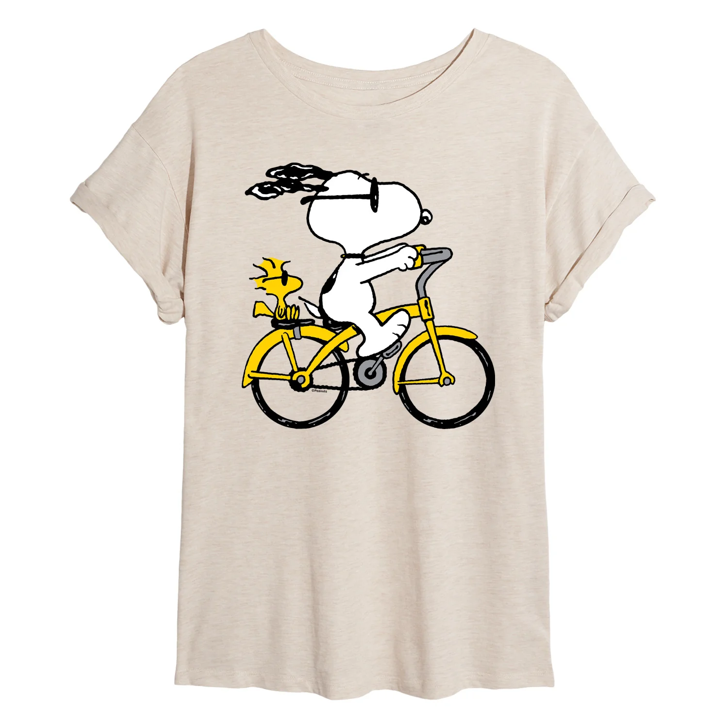 Peanuts - Snoopy and Woodstock Riding Bike - Juniors Oversized Graphic T-Shirt - Image 2