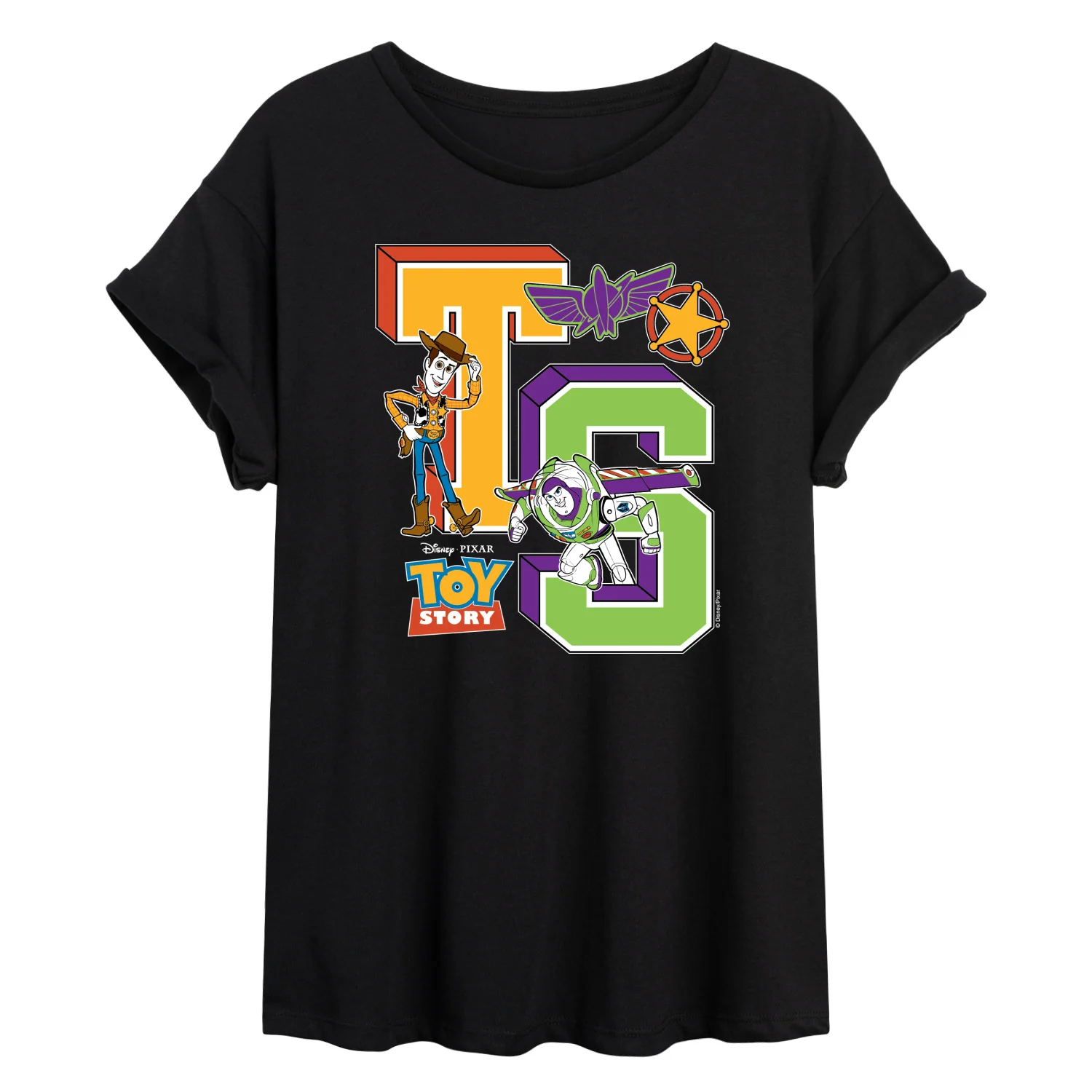 Toy Story - Letterman Badges - Juniors Oversized Graphic T-Shirt - Image 2