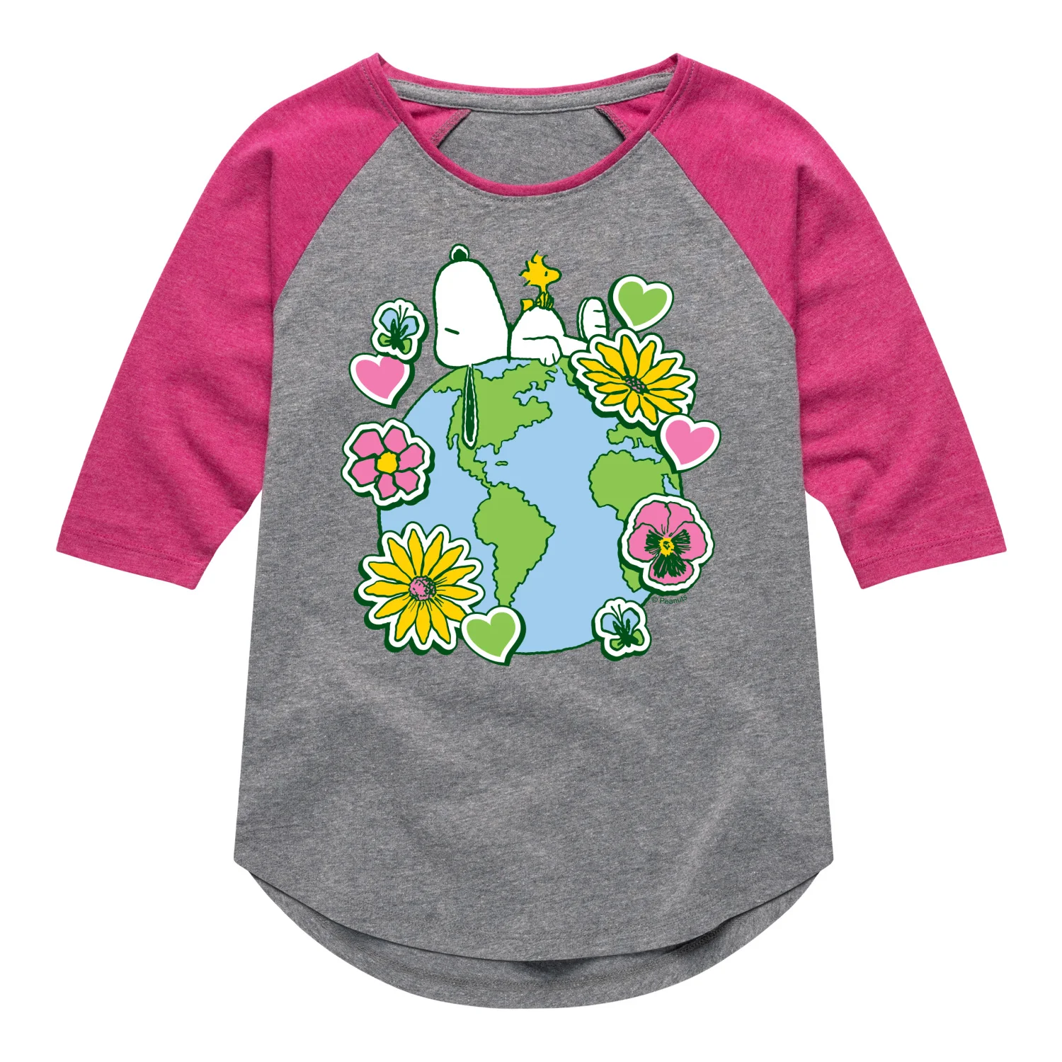 Peanuts - Snoopy Woodstock Earth Stickers - Youth Girls Shirt Tail Raglan T-Shirt