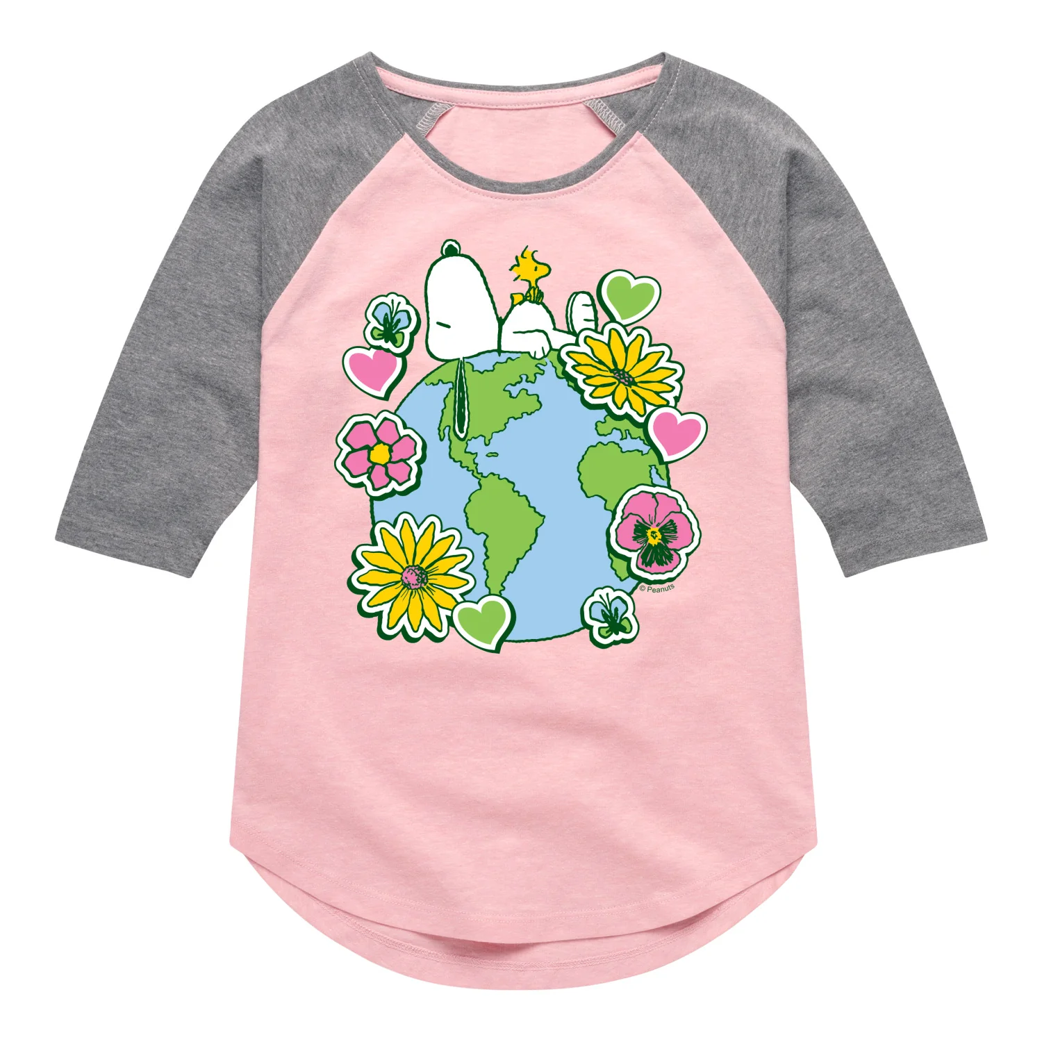 Peanuts - Snoopy Woodstock Earth Stickers - Youth Girls Shirt Tail Raglan T-Shirt - Image 2