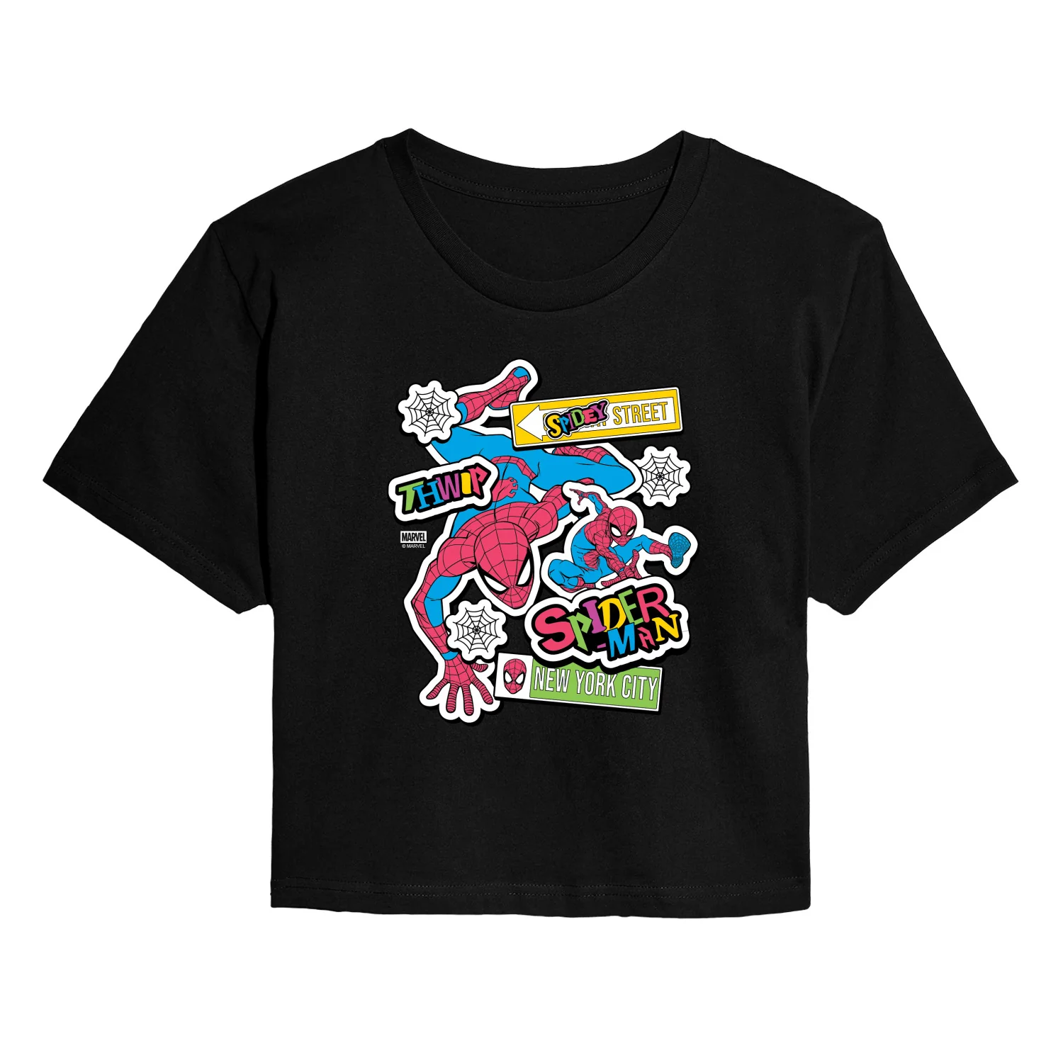 Marvel - Spidey Bright Stickers - Juniors Cropped Short Sleeve Graphic T-Shirt