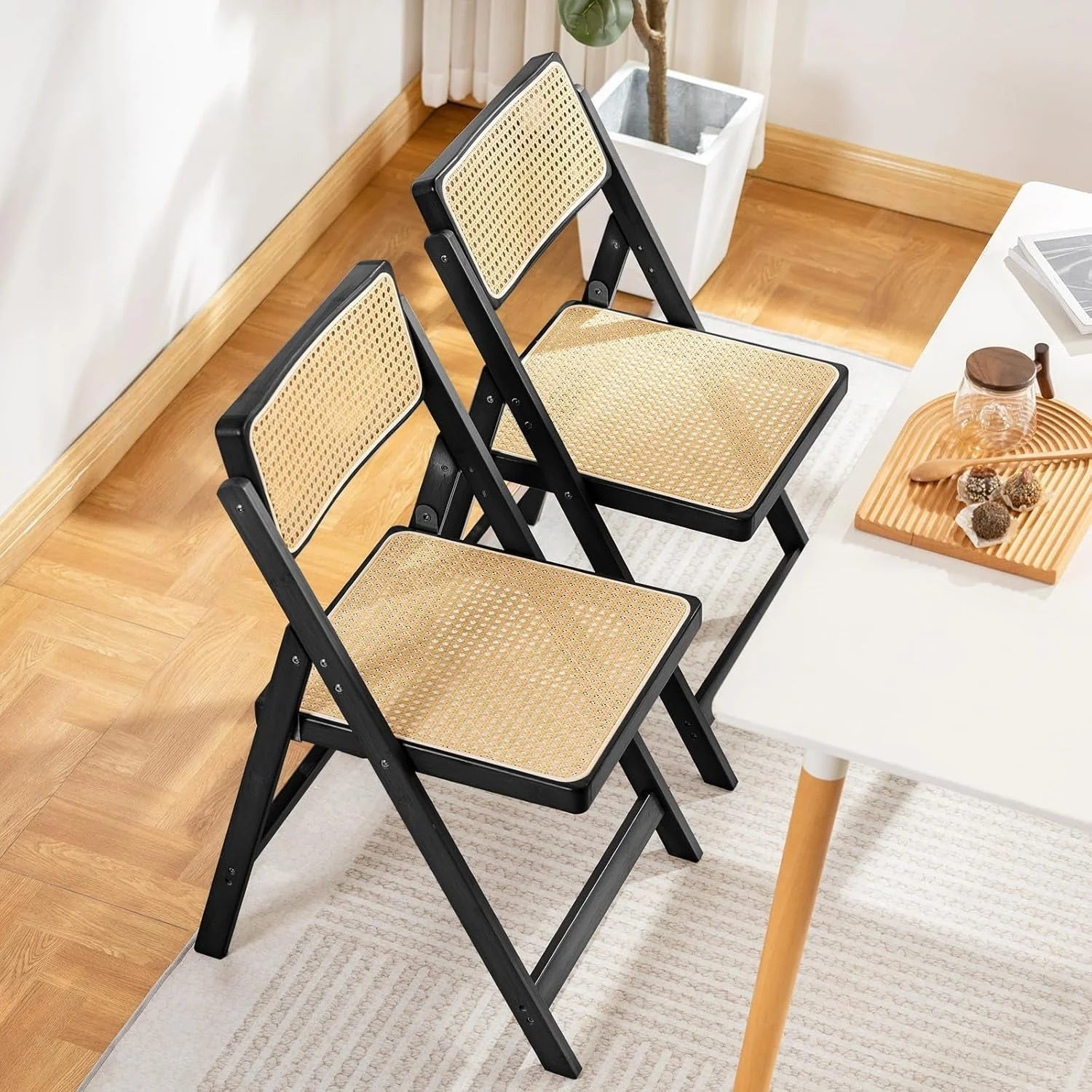 Rattan Folding Dining Chairs Set Of 2 Black Mid Century by ShipItFurniture - Image 4