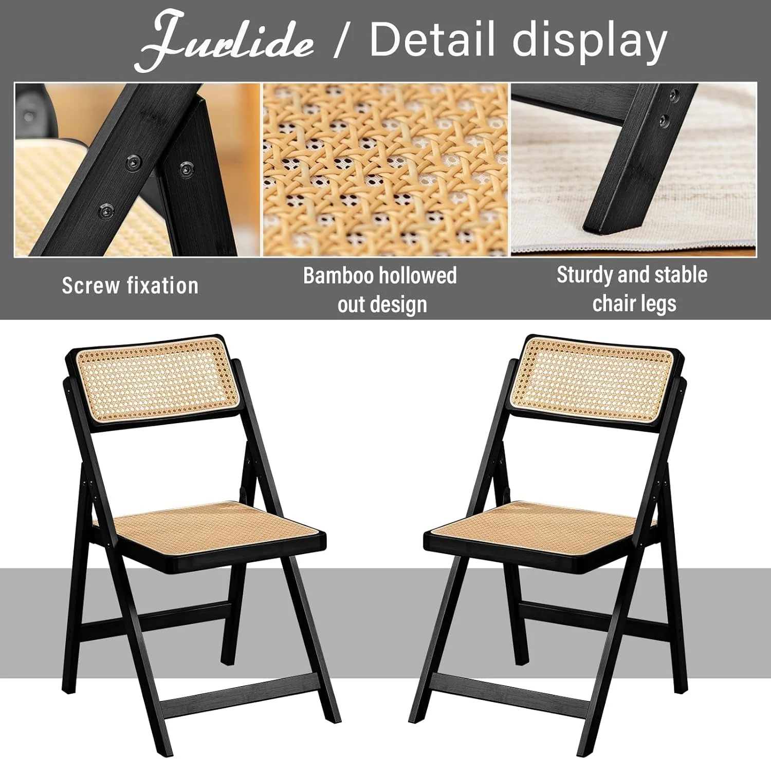 Rattan Folding Dining Chairs Set Of 2 Black Mid Century by ShipItFurniture - Image 5