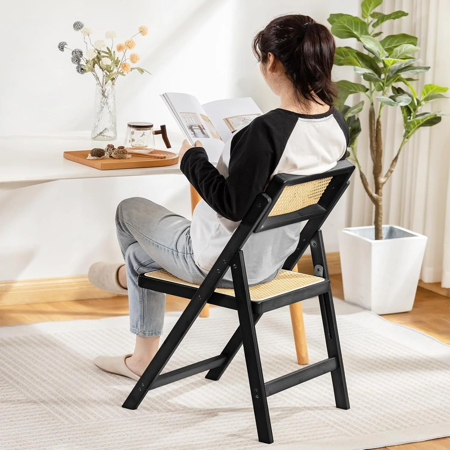 Rattan Folding Dining Chairs Set Of 2 Black Mid Century by ShipItFurniture - Image 7