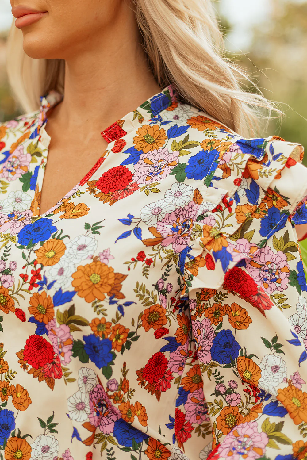Threaded Pear Apricot Ruffled Shoulder Long Sleeve Floral Blouse - Image 7