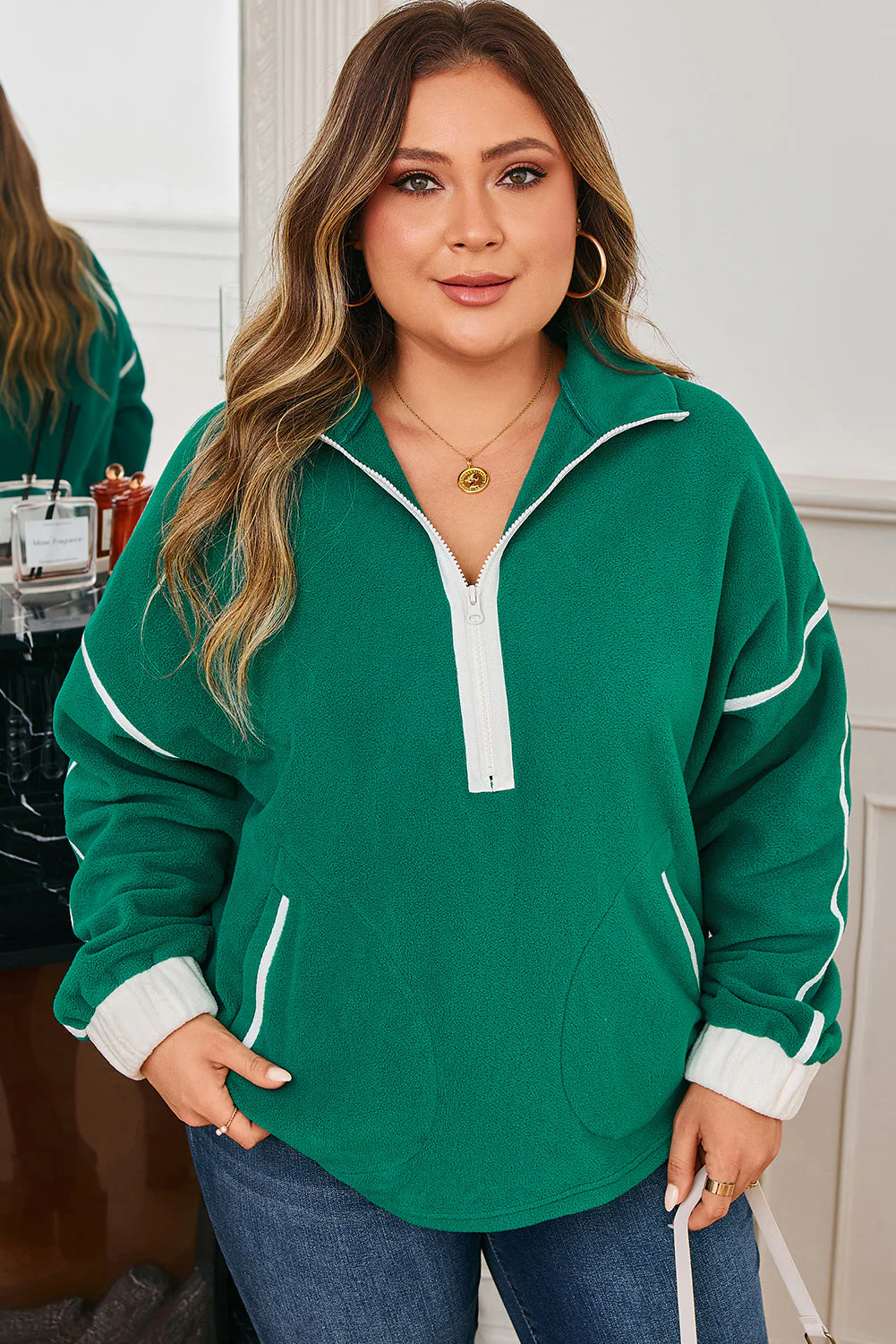 Threaded Pear Ava Contrast Trim Fleece Plus Sweatshirt - Image 3