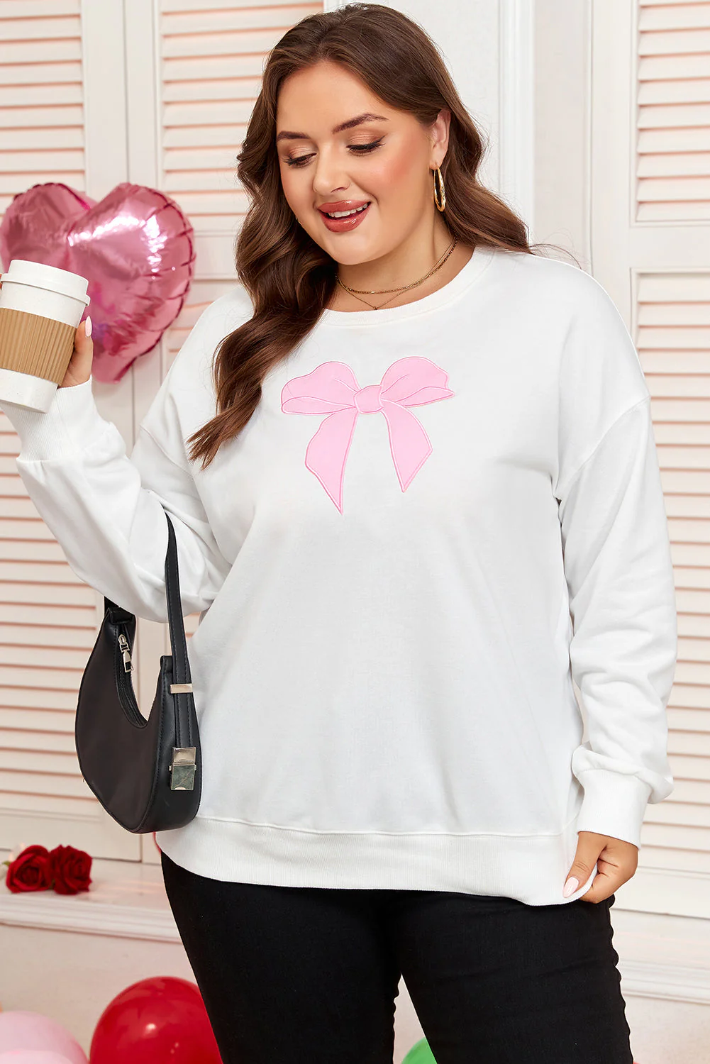 Threaded Pear Beige Big Bow Accent Plus Size Drop Shoulder Sweatshirt - Image 5