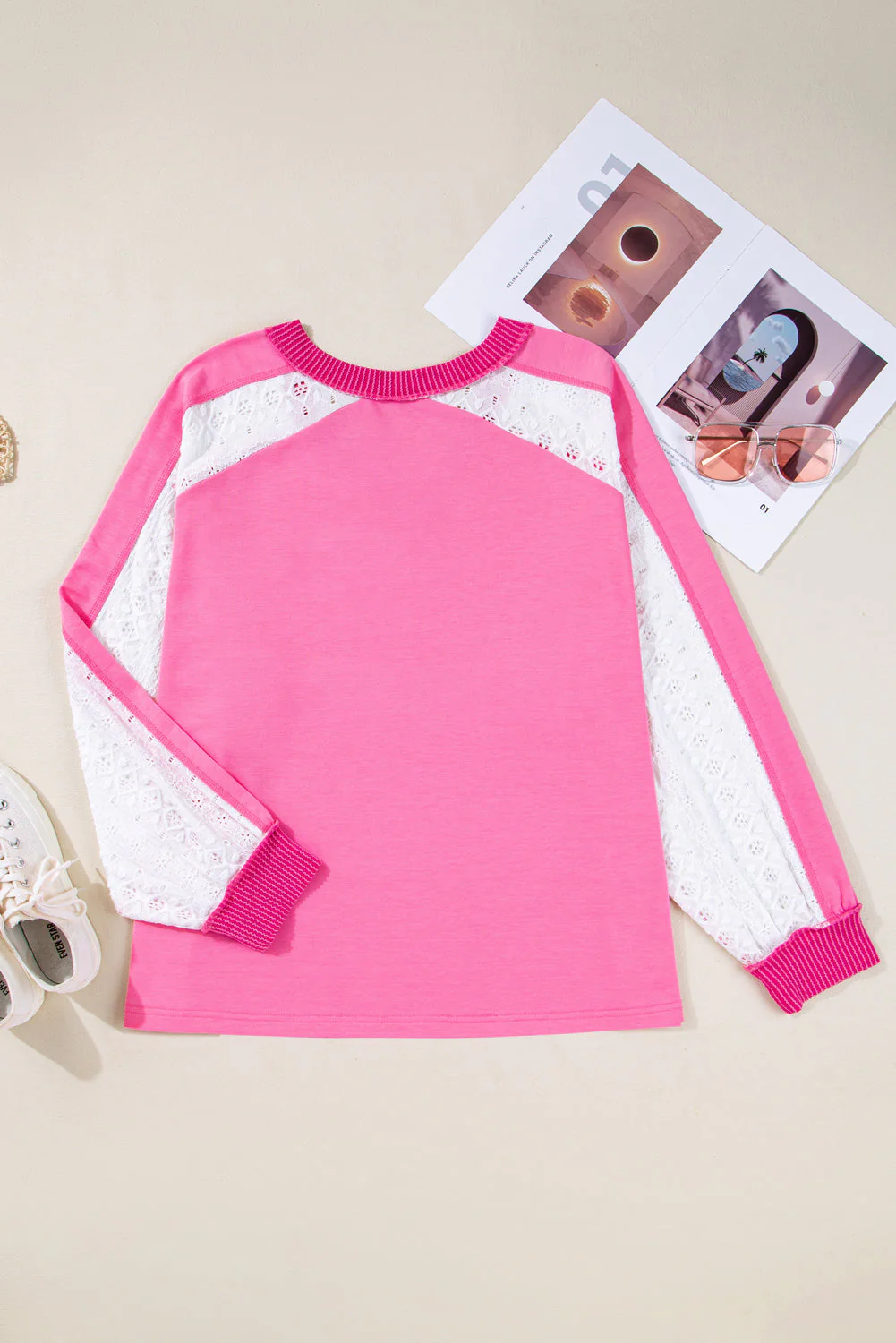 Threaded Pear Bonbon Lace Striped Patchwork Long Sleeve Corded V Neck Plus Size Top - Image 9
