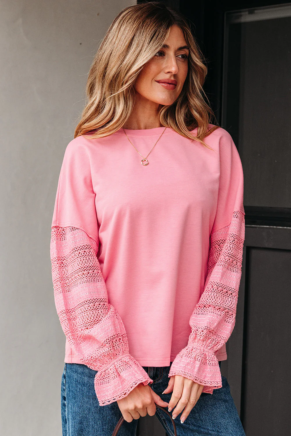 Threaded Pear Brielle Lace Ruffled Sleeve Patchwork Loose Sweatshirt - Image 5
