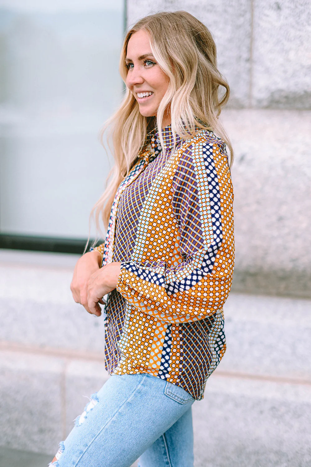 Threaded Pear Brown Dot Print Long Sleeve Button Down Shift PLUS Shirt - Image 3