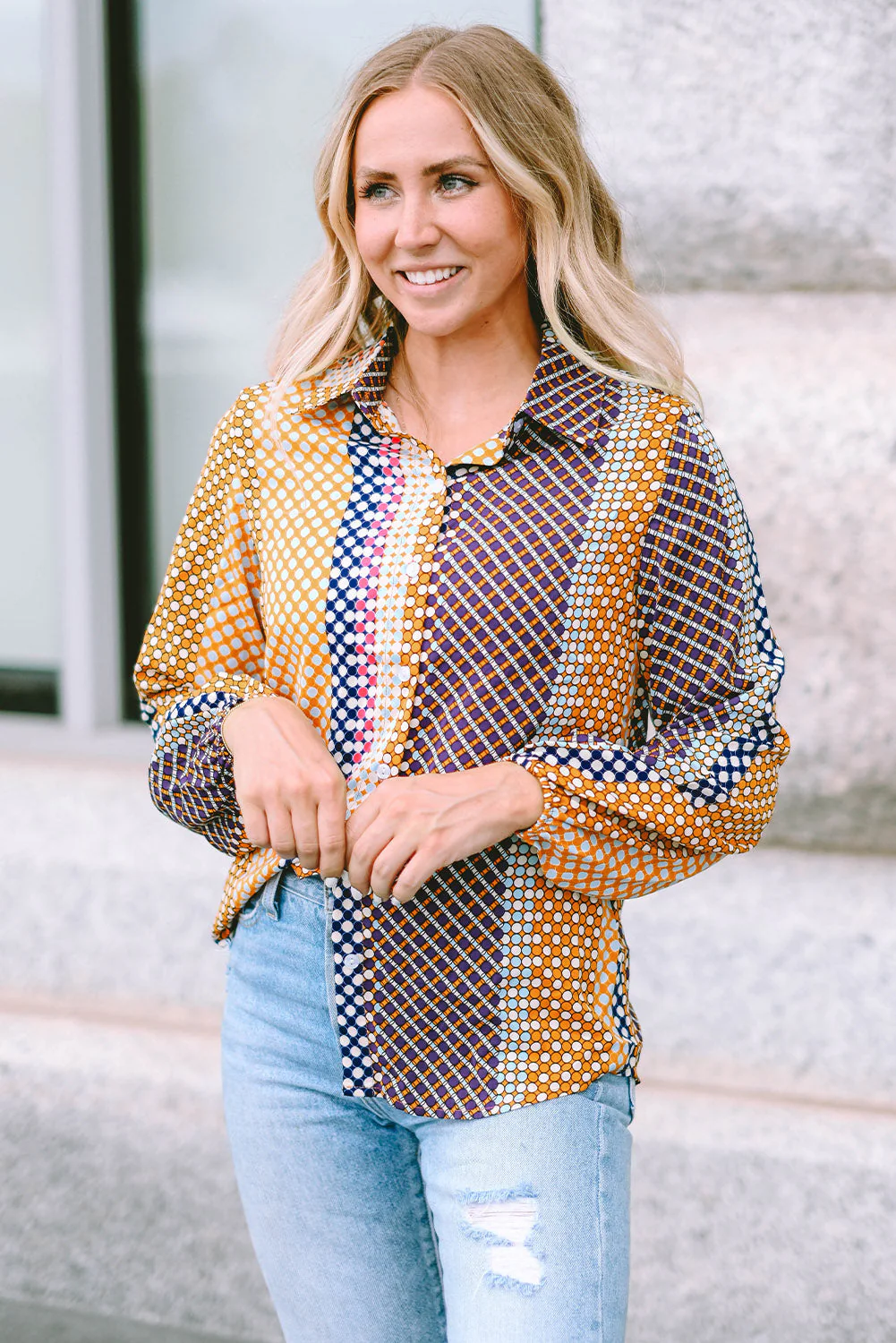 Threaded Pear Brown Dot Print Long Sleeve Button Down Shift PLUS Shirt - Image 4
