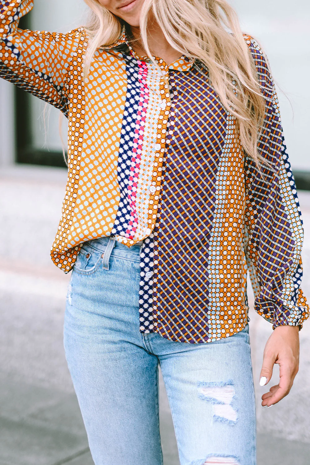 Threaded Pear Brown Dot Print Long Sleeve Button Down Shift PLUS Shirt - Image 5
