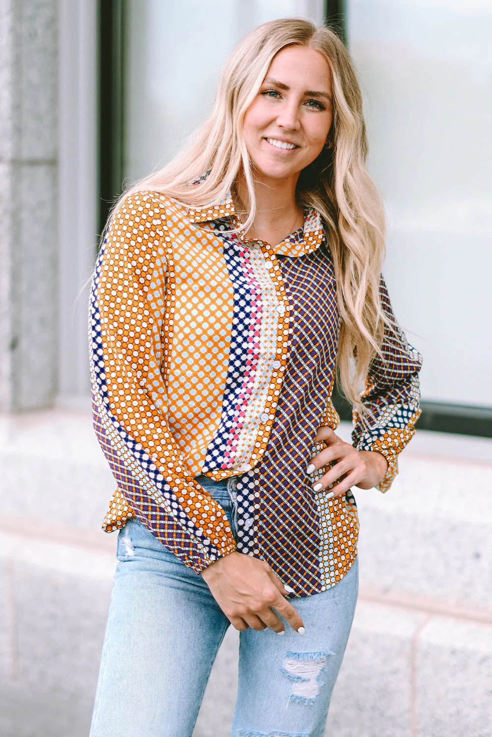 Threaded Pear Brown Dot Print Long Sleeve Button Down Shift PLUS Shirt - Image 6