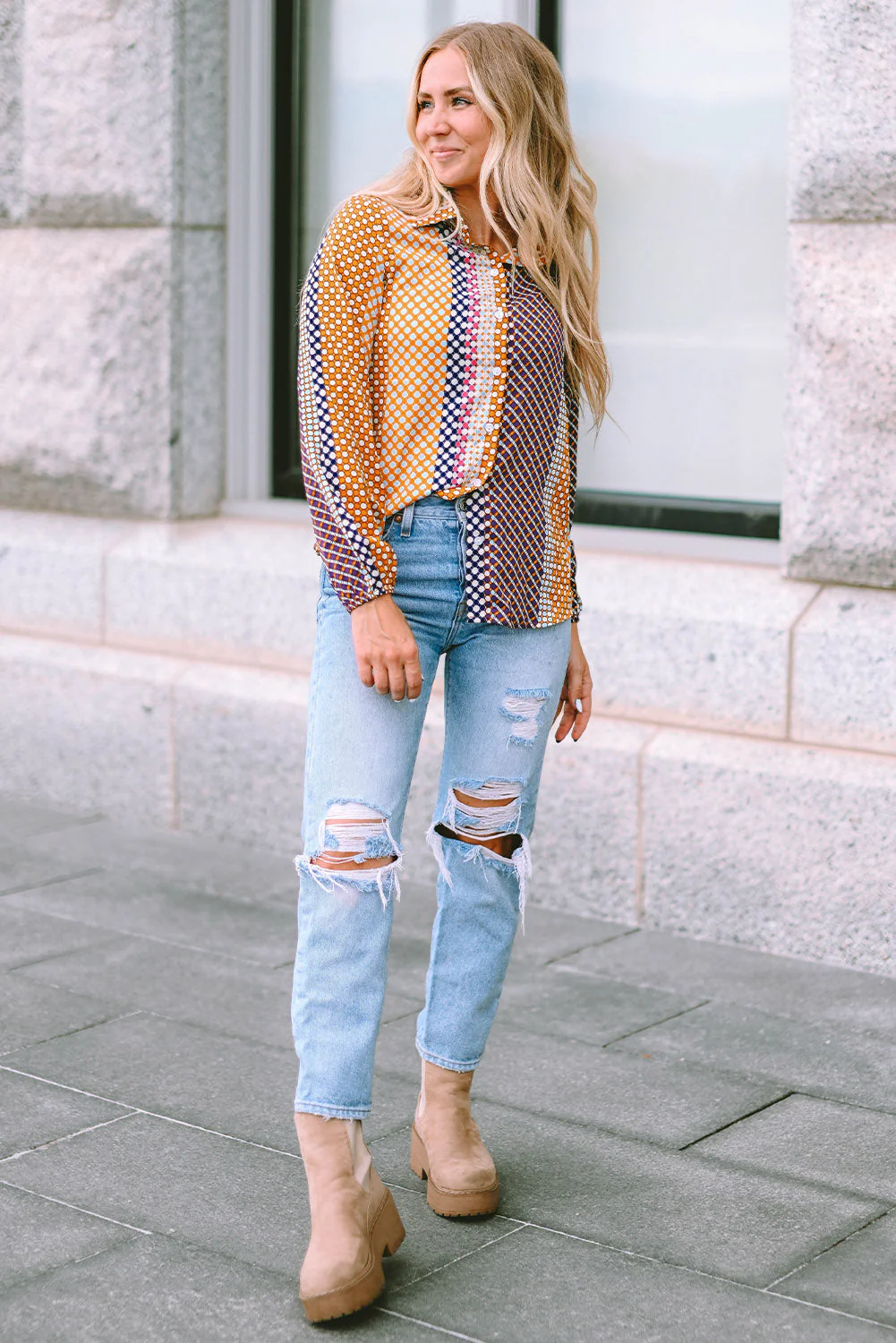 Threaded Pear Brown Dot Print Long Sleeve Button Down Shift PLUS Shirt - Image 7