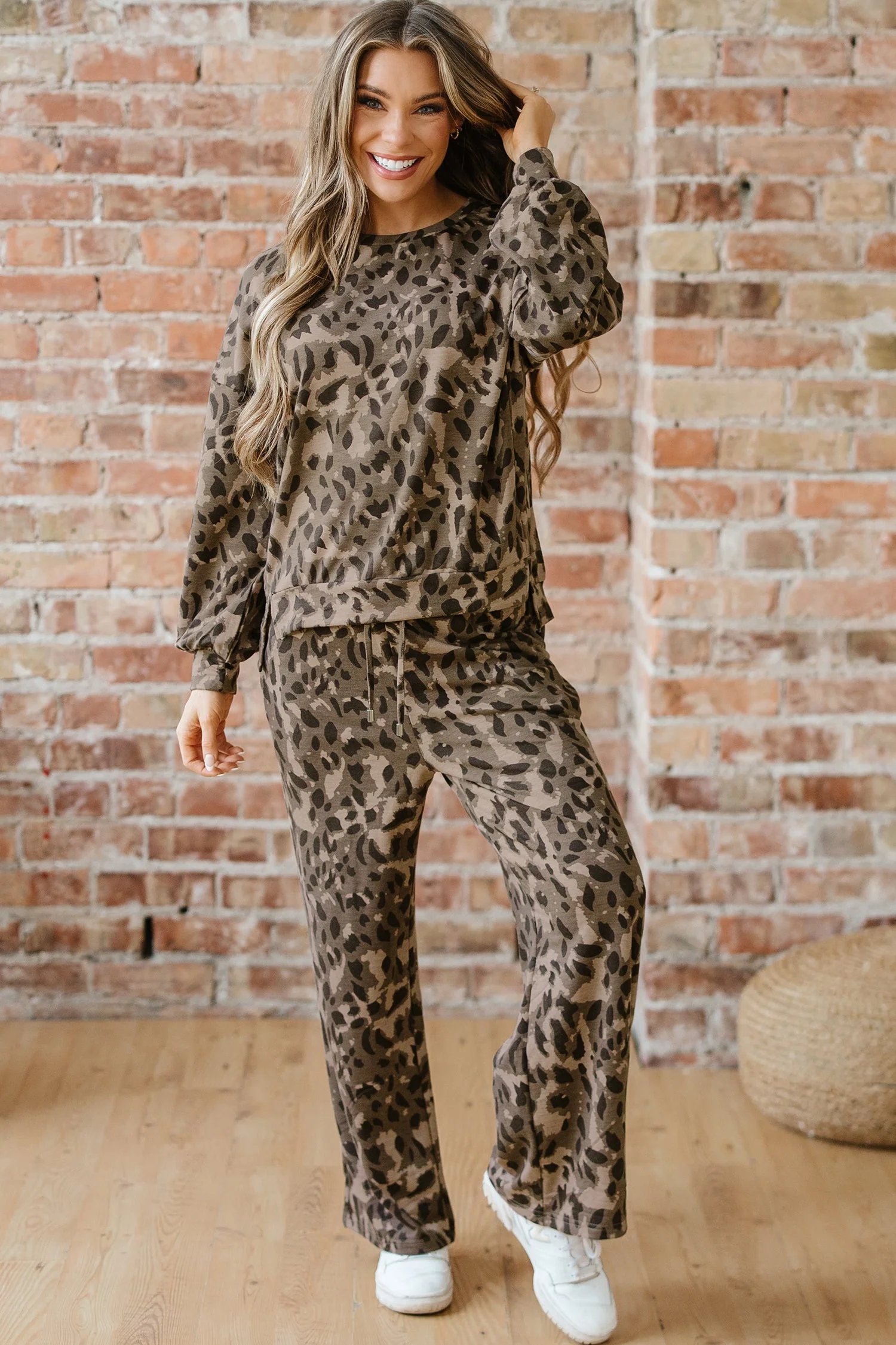 Threaded Pear Catherine Leopard Pullover Drawstring Loose Pant Set - Image 6
