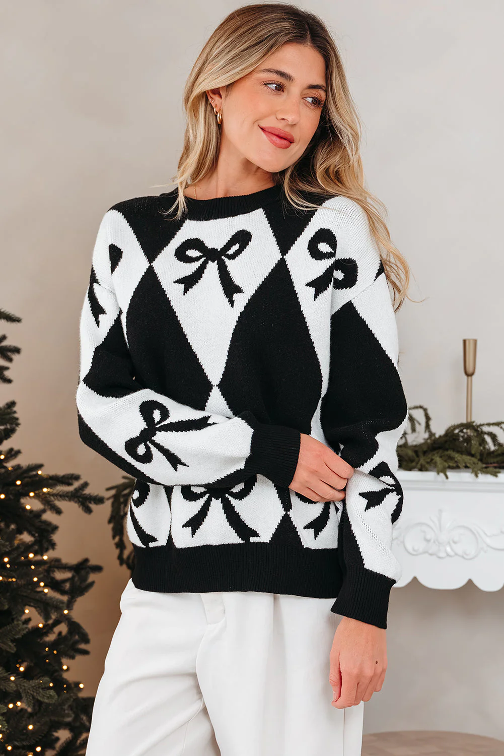 Threaded Pear Daetta Rhombus Knit Loose Sweater - Image 4