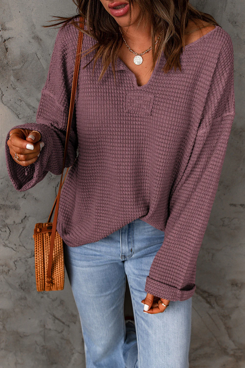 Threaded Pear Evelyn Waffle Knit Loose Long Sleeve Top - Image 4