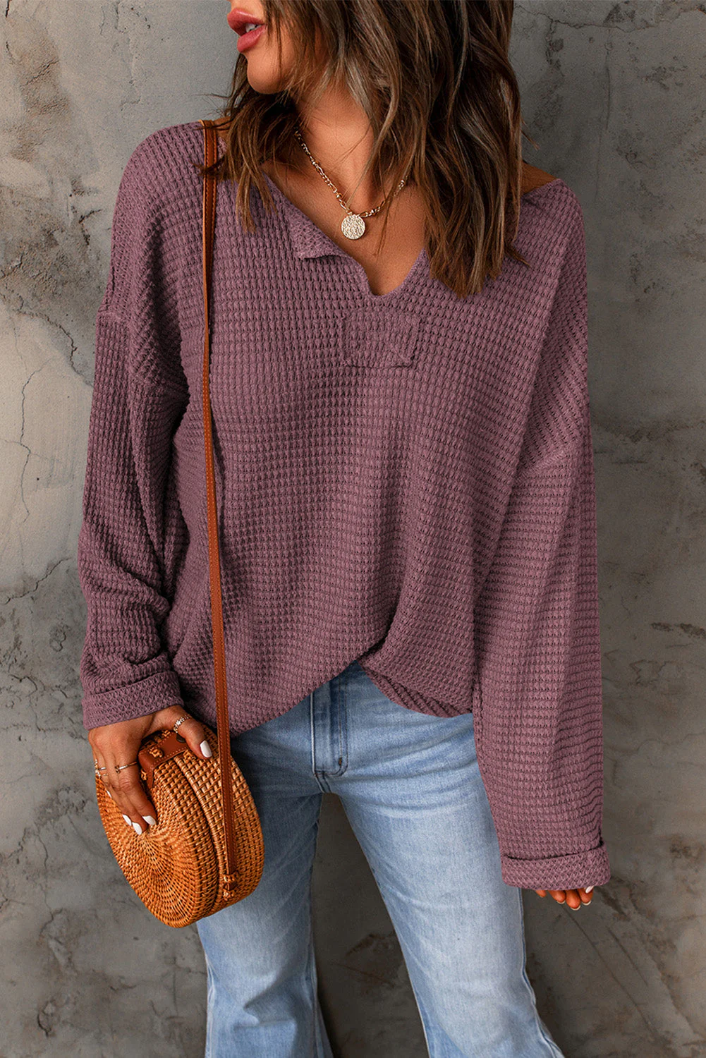 Threaded Pear Evelyn Waffle Knit Loose Long Sleeve Top - Image 5