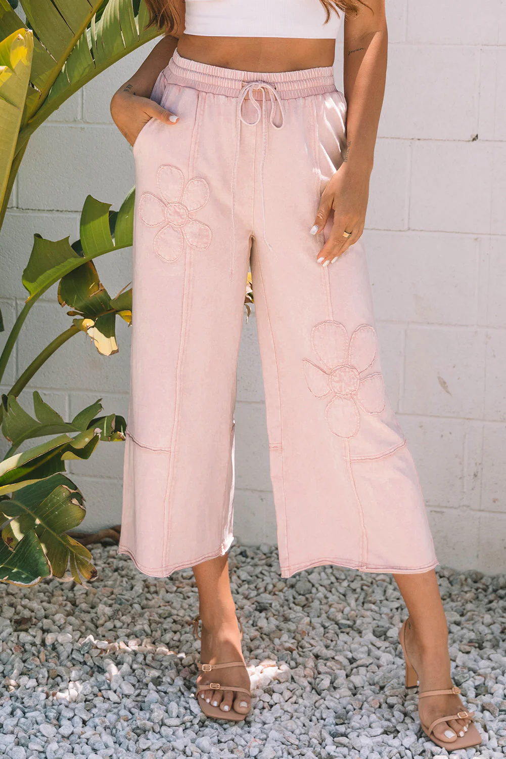 Threaded Pear Gabriella Mineral Washed Terry Knit Cropped Wide Leg Pants