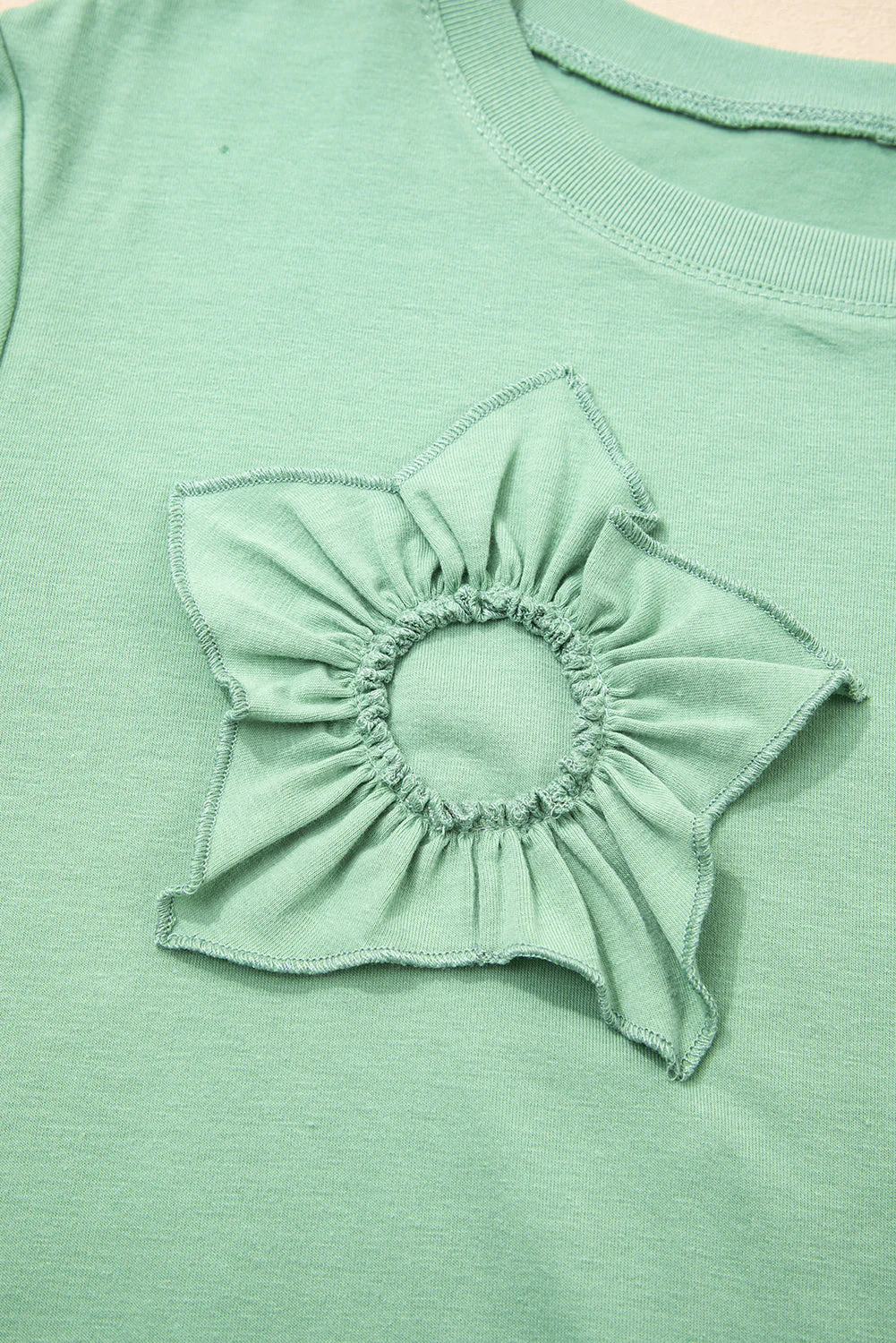 Threaded Pear Grass Green Flower Applique Mineral Wash Plus Size Top - Image 13