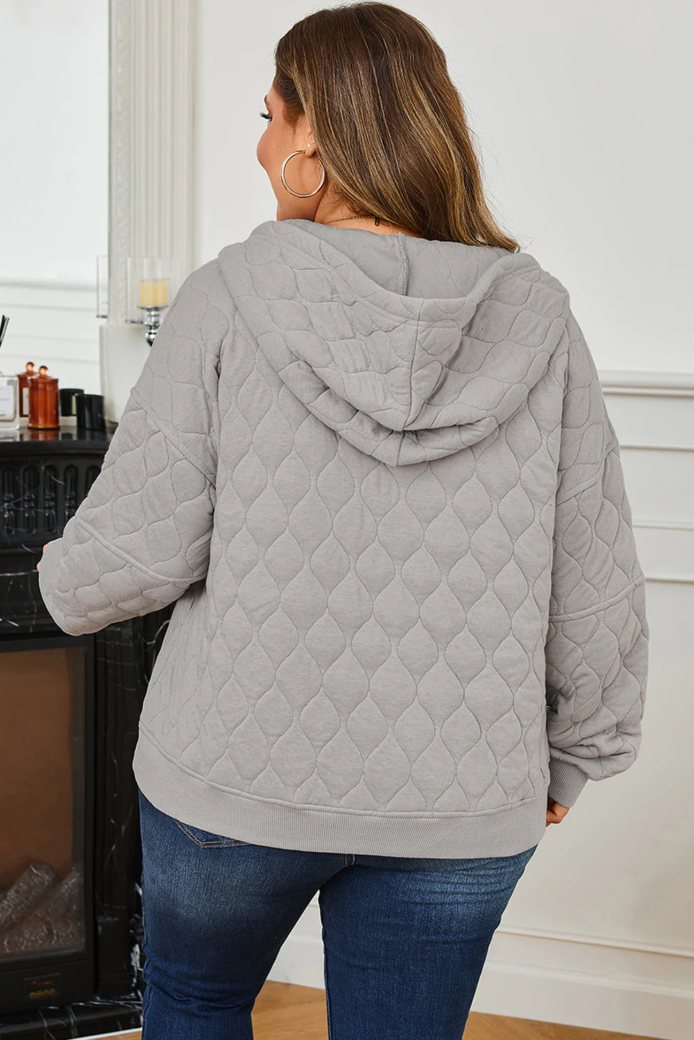 Threaded Pear Gray Quilted Quarter Zip Plus Size Hoodie - Image 2