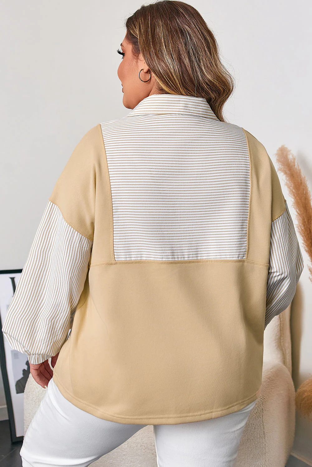 Threaded Pear Khaki Stripe Mix Half Zip French Terry Plus Size Sweatshirt - Image 2