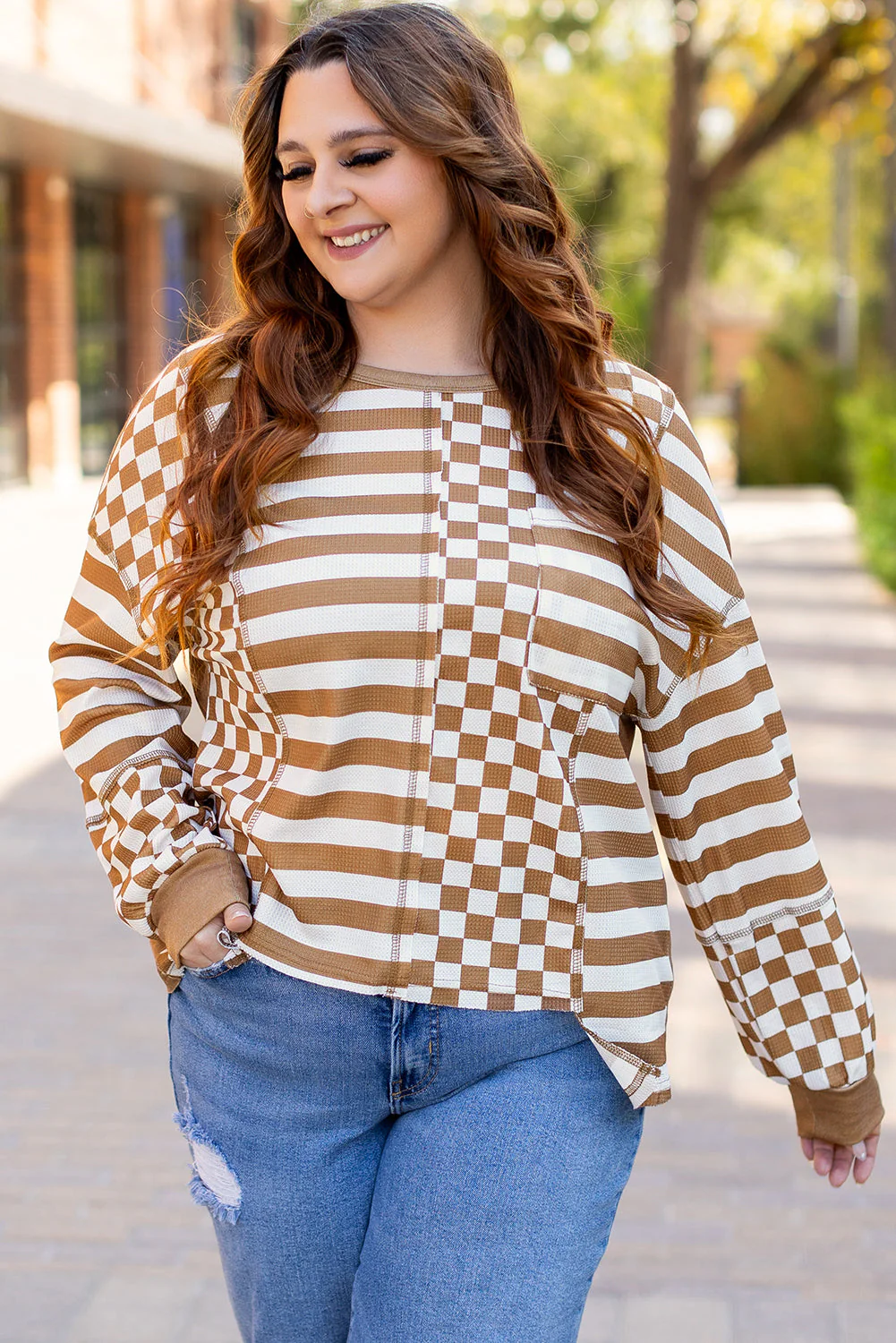 Threaded Pear Khaki Striped Checkered Mixed Print Chest Pocket Casual Plus Size Top - Image 5