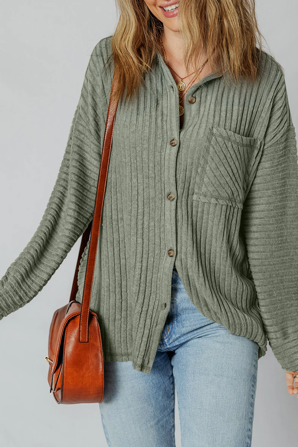Threaded Pear Lucia Ribbed Texture Button Up Shacket - Image 3